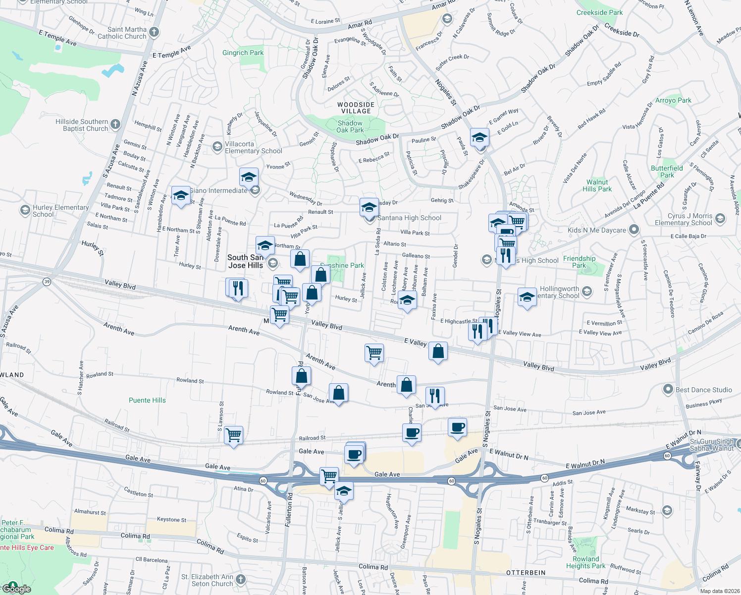map of restaurants, bars, coffee shops, grocery stores, and more near 603 La Seda Road in La Puente