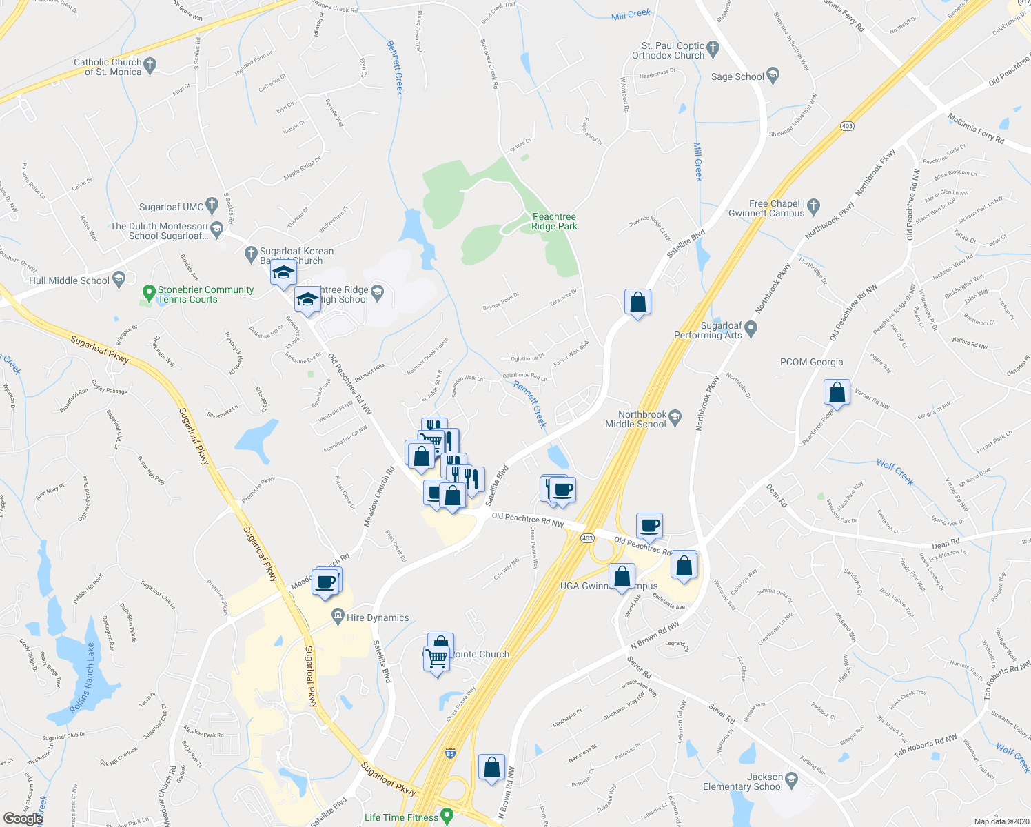 map of restaurants, bars, coffee shops, grocery stores, and more near 1587 Pulaski Court Northwest in Suwanee