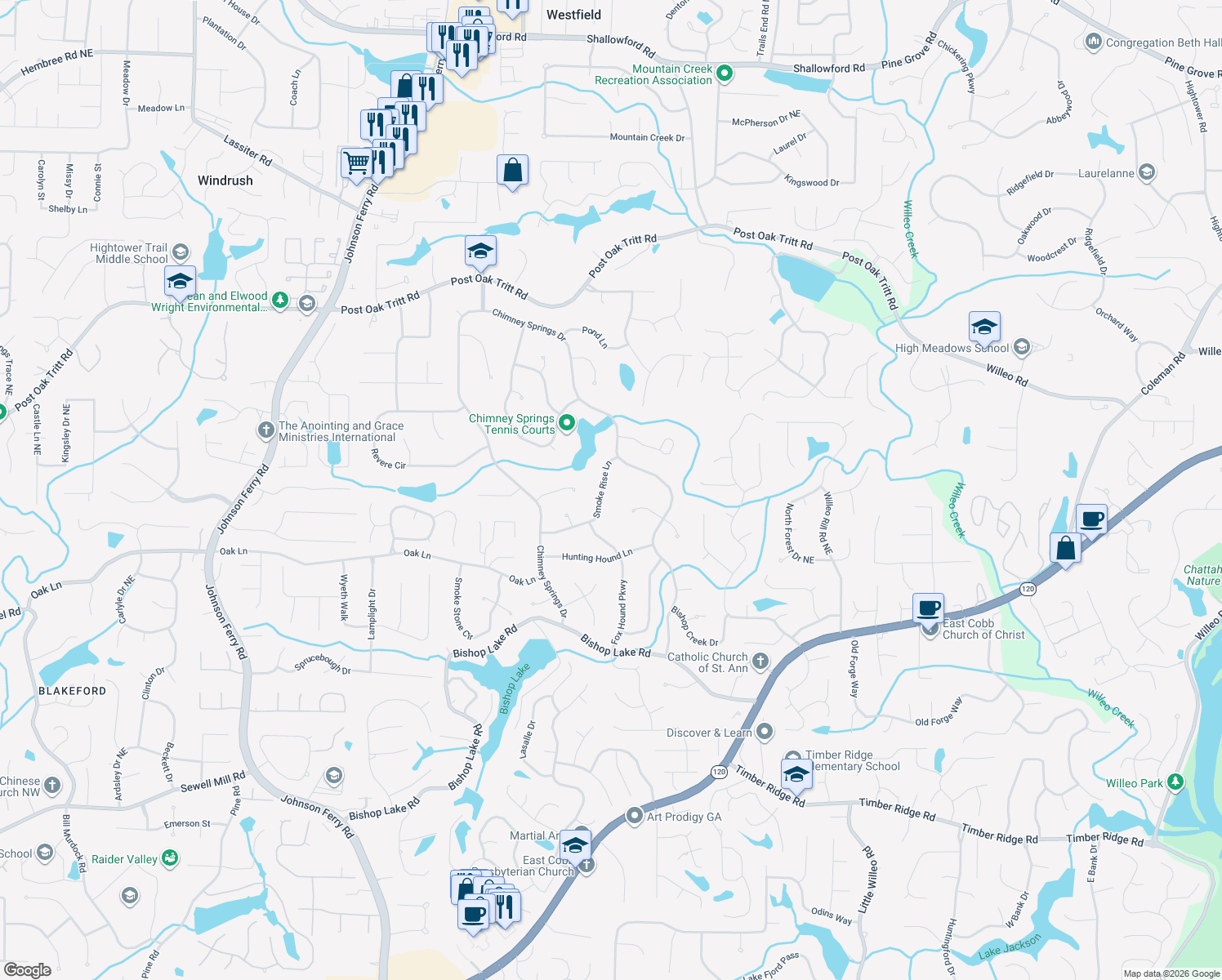 map of restaurants, bars, coffee shops, grocery stores, and more near 4644 Smoke Rise Lane in Marietta