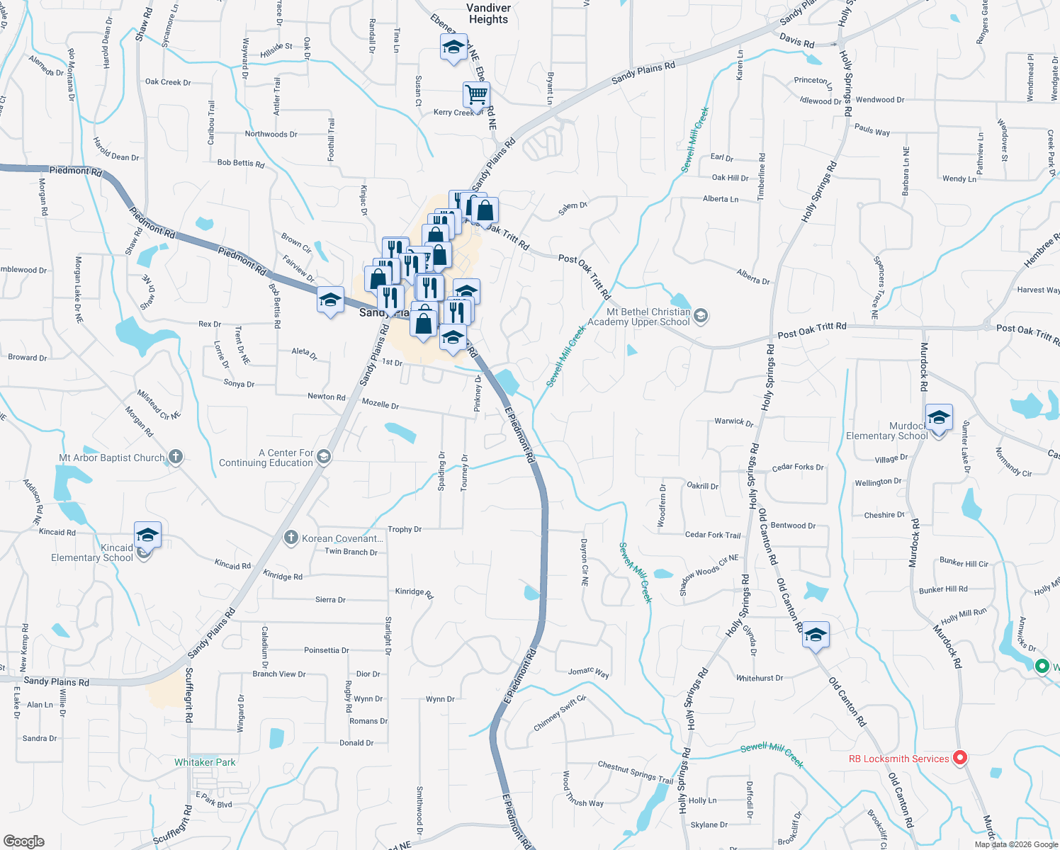 map of restaurants, bars, coffee shops, grocery stores, and more near 2360 E Piedmont Rd in Marietta