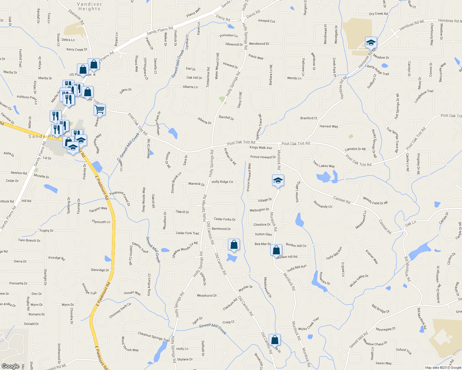 map of restaurants, bars, coffee shops, grocery stores, and more near 2770 Holly Ridge Circle in Marietta