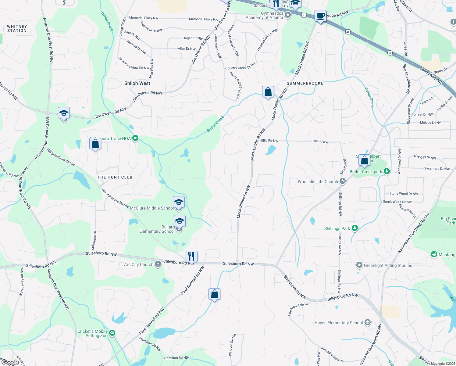 map of restaurants, bars, coffee shops, grocery stores, and more near 3338 Hackmatack Drive Northwest in Kennesaw