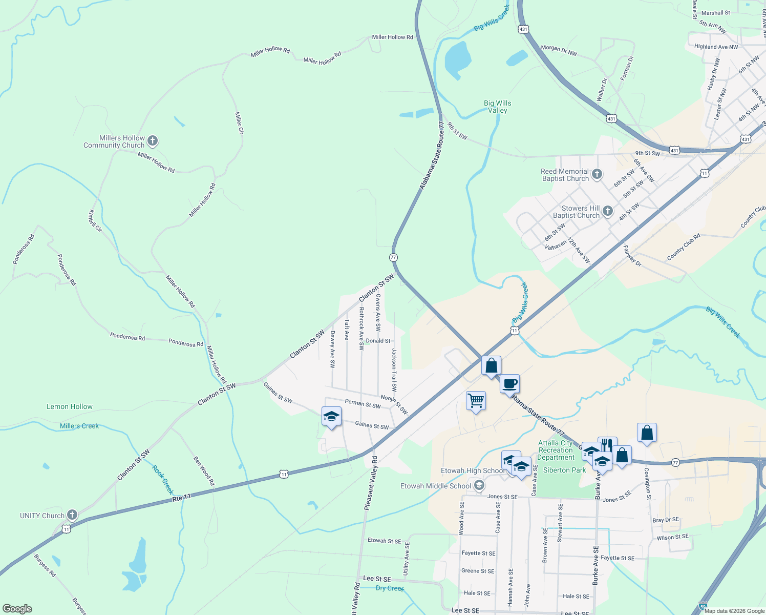 map of restaurants, bars, coffee shops, grocery stores, and more near 717 Owens Ave SW in Attalla