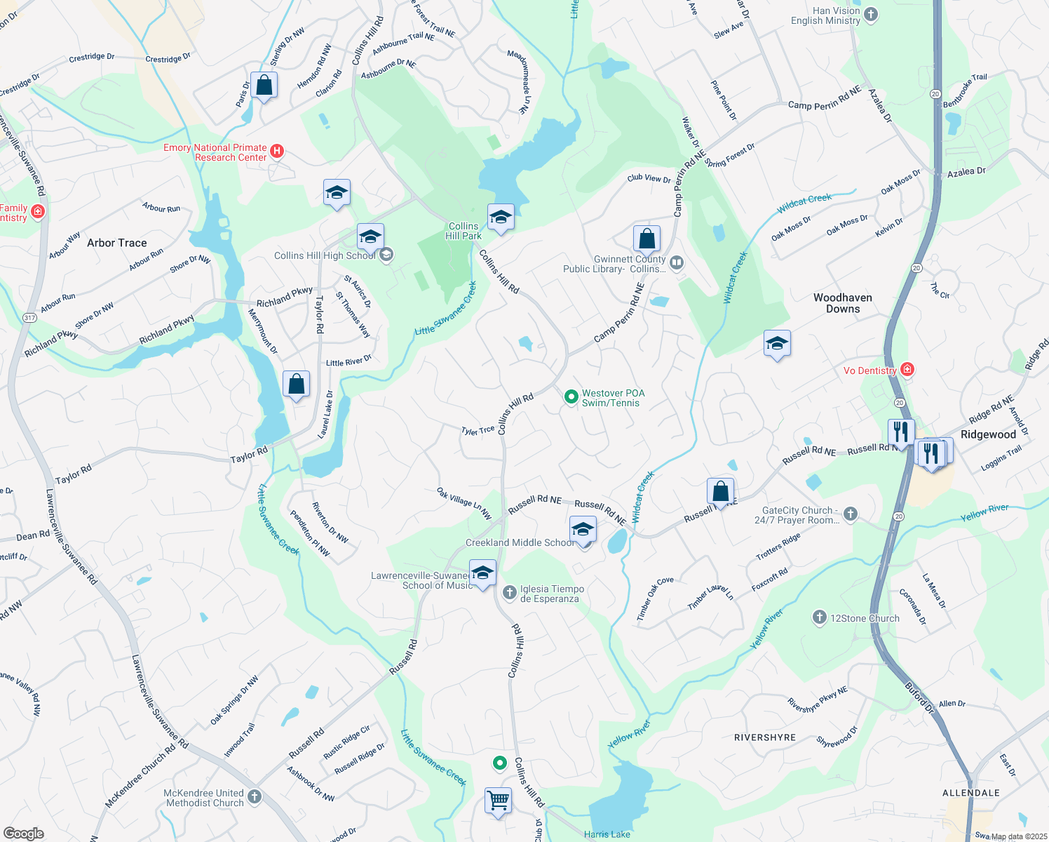 map of restaurants, bars, coffee shops, grocery stores, and more near 1900 Foster Trace Ct in Lawrenceville