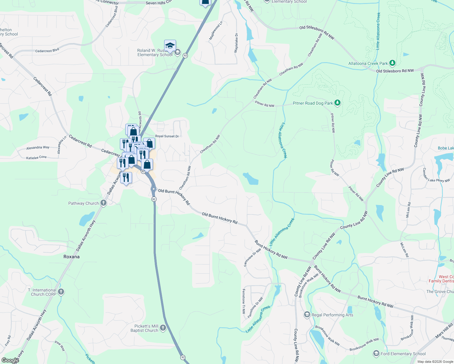 map of restaurants, bars, coffee shops, grocery stores, and more near 4 Wesley Dr in Acworth