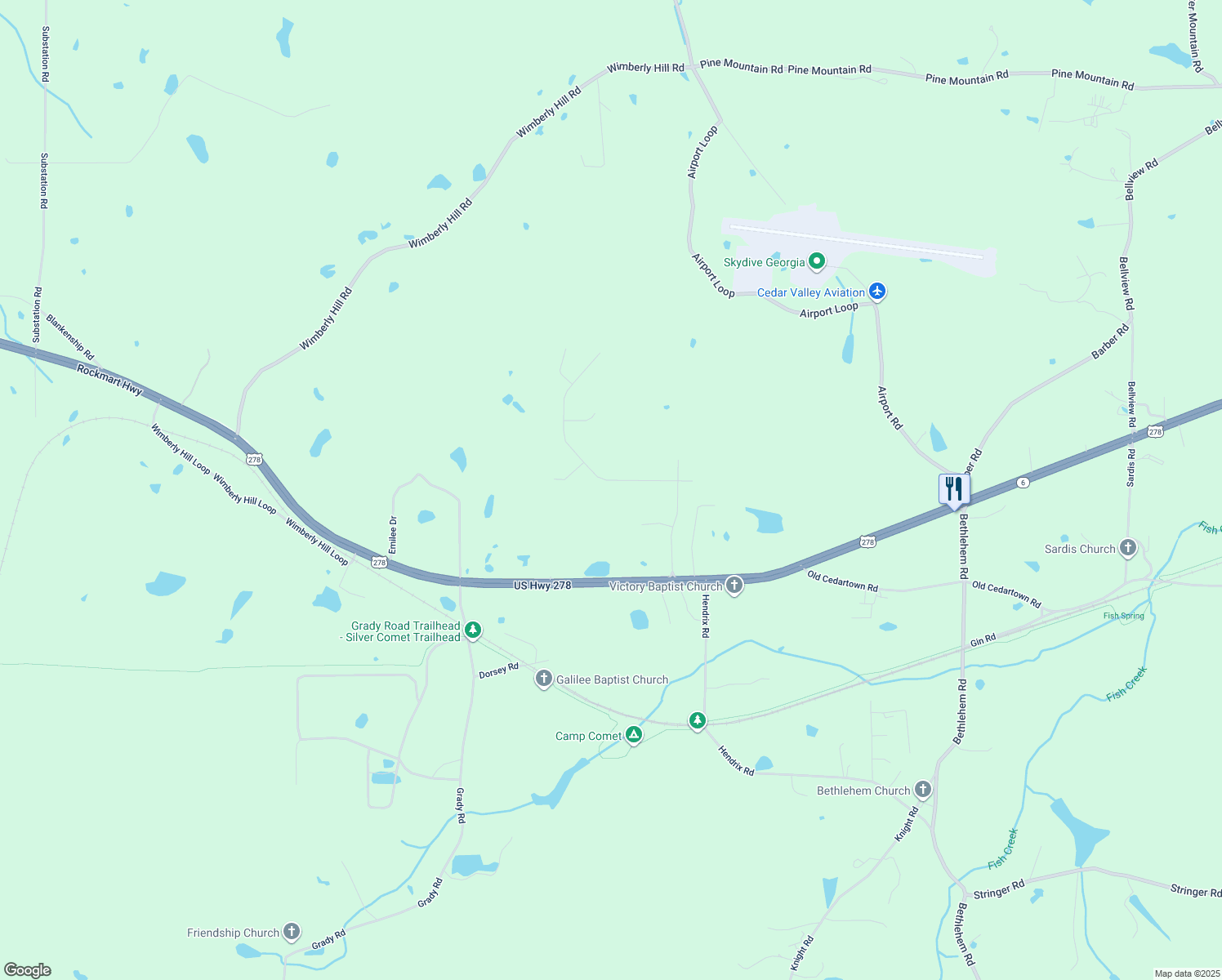 map of restaurants, bars, coffee shops, grocery stores, and more near 101 Sunset Loop in Cedartown
