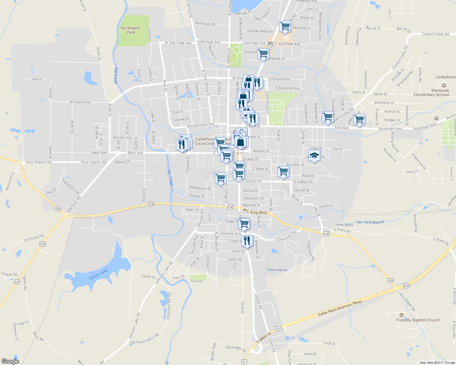 map of restaurants, bars, coffee shops, grocery stores, and more near 603 South College Street in Cedartown