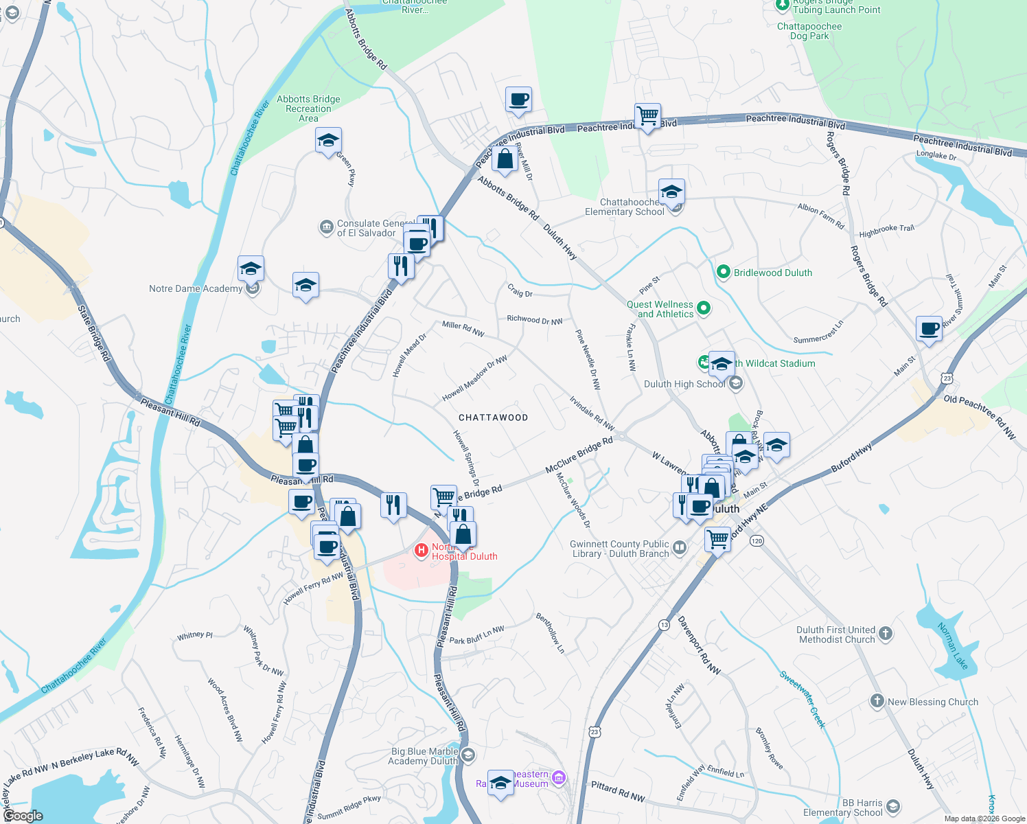 map of restaurants, bars, coffee shops, grocery stores, and more near 3344 Timber Ridge Trail in Duluth