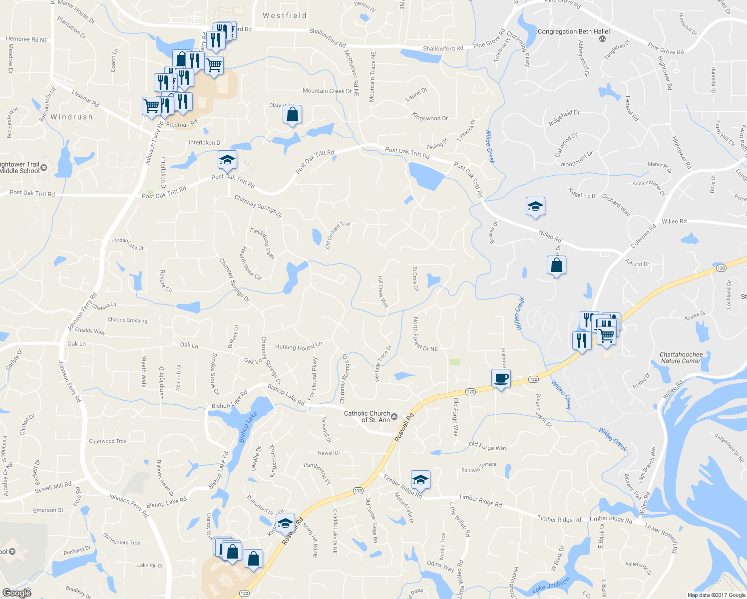 map of restaurants, bars, coffee shops, grocery stores, and more near 4807 Creekstone Way in Marietta