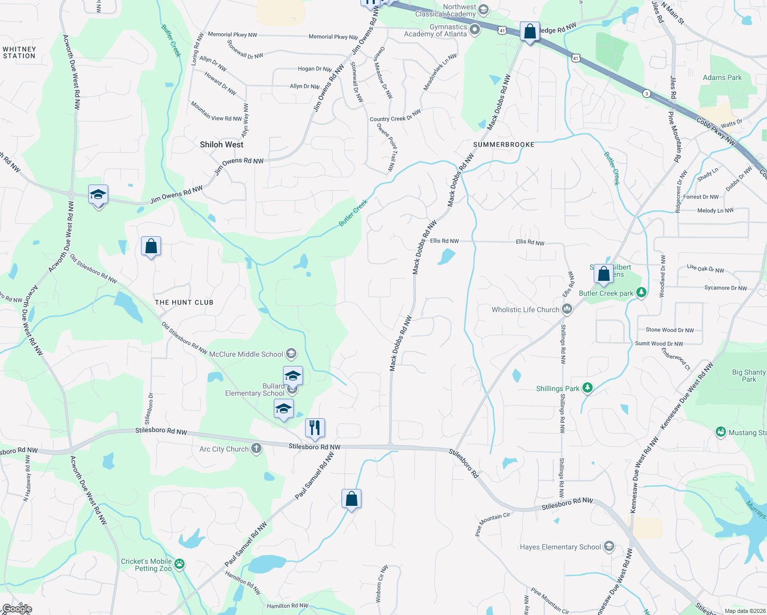 map of restaurants, bars, coffee shops, grocery stores, and more near 3338 Hackmatack Drive Northwest in Kennesaw