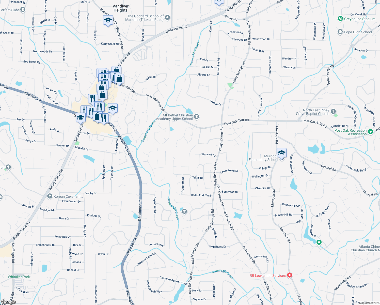 map of restaurants, bars, coffee shops, grocery stores, and more near 2550 Stoney Brook Ln in Marietta