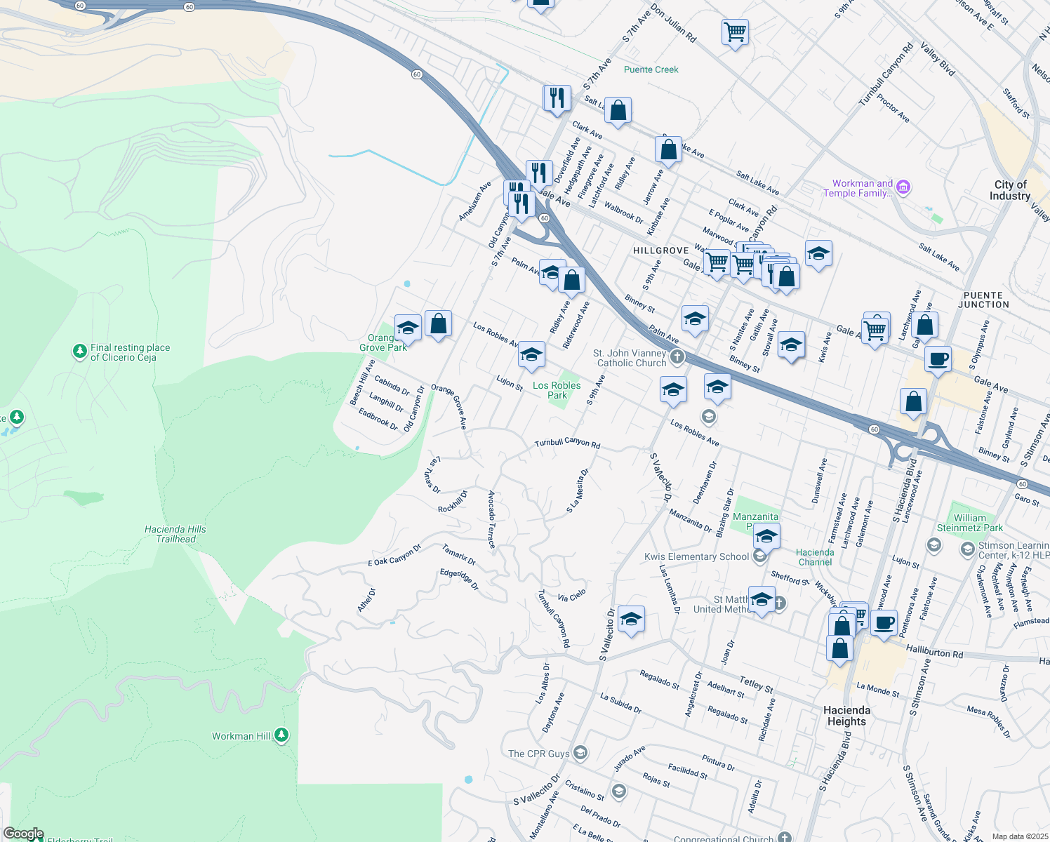 map of restaurants, bars, coffee shops, grocery stores, and more near 1643 Golden View Drive in Hacienda Heights