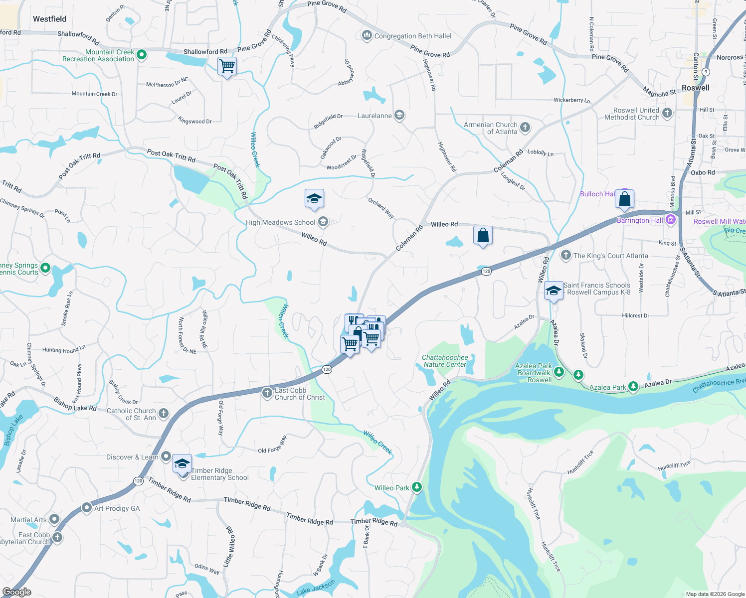 map of restaurants, bars, coffee shops, grocery stores, and more near 9375 Coleman Rd in Roswell