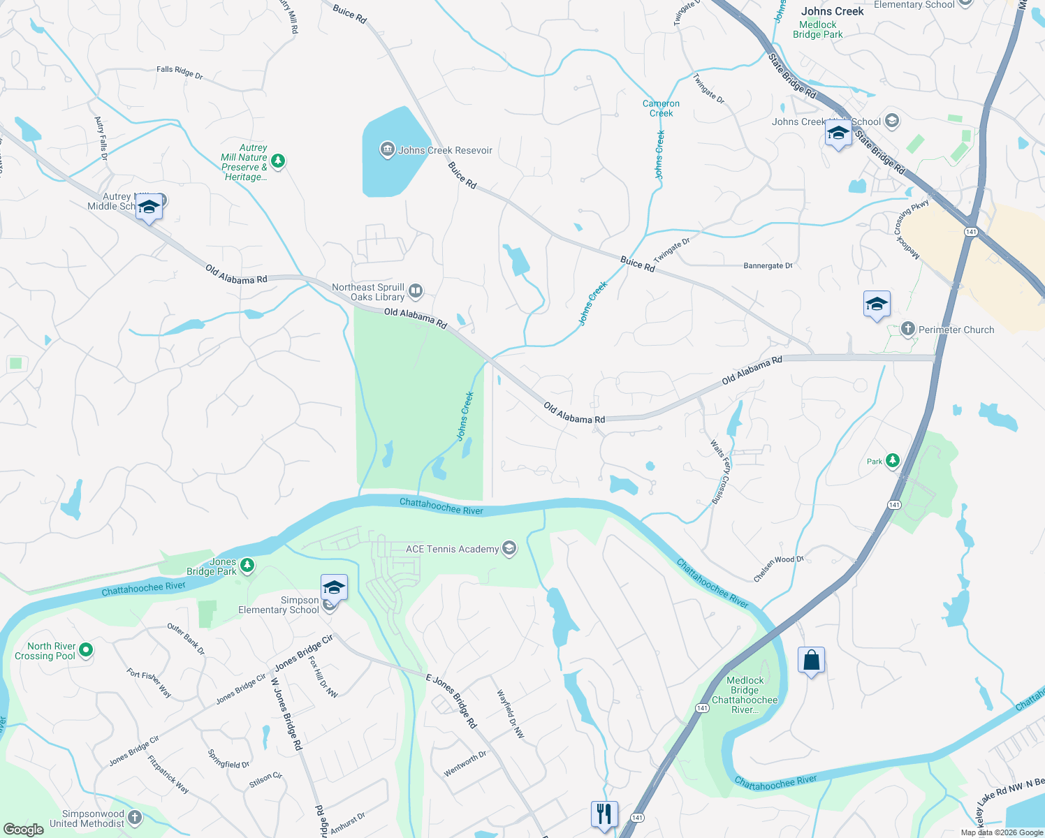 map of restaurants, bars, coffee shops, grocery stores, and more near 215 Pear Valley Court in Alpharetta