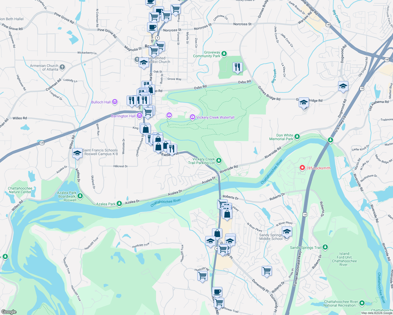 map of restaurants, bars, coffee shops, grocery stores, and more near 177 South Atlanta Street in Roswell
