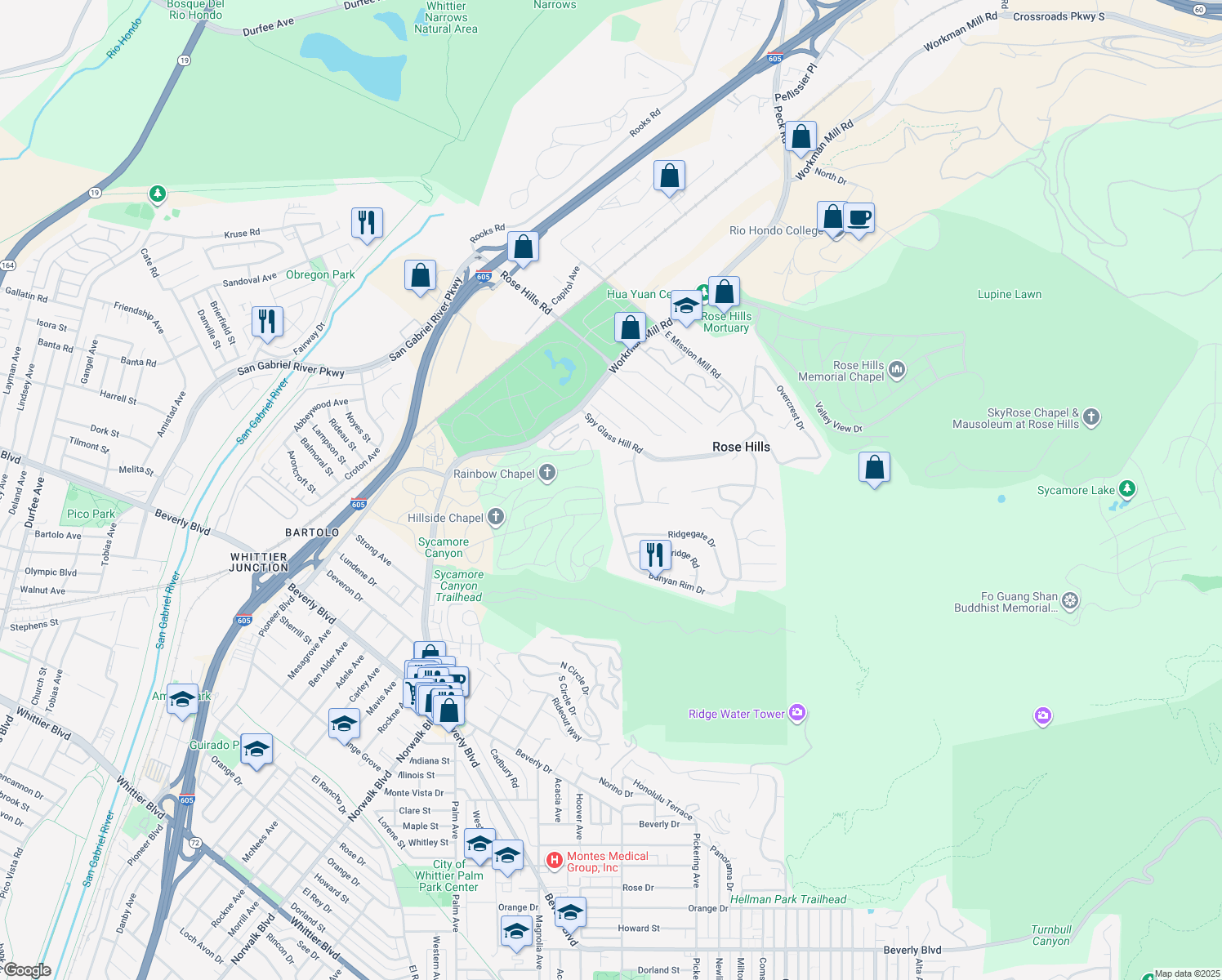 map of restaurants, bars, coffee shops, grocery stores, and more near 4503 Silver Tip Drive in Whittier