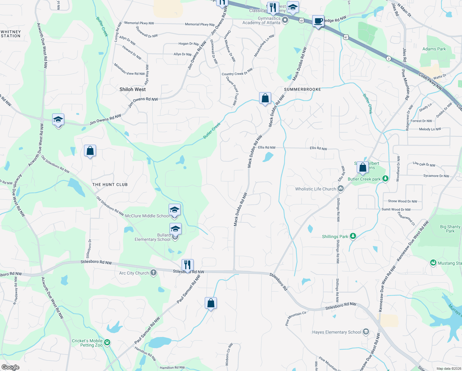 map of restaurants, bars, coffee shops, grocery stores, and more near 3338 Hackmatack Drive Northwest in Kennesaw