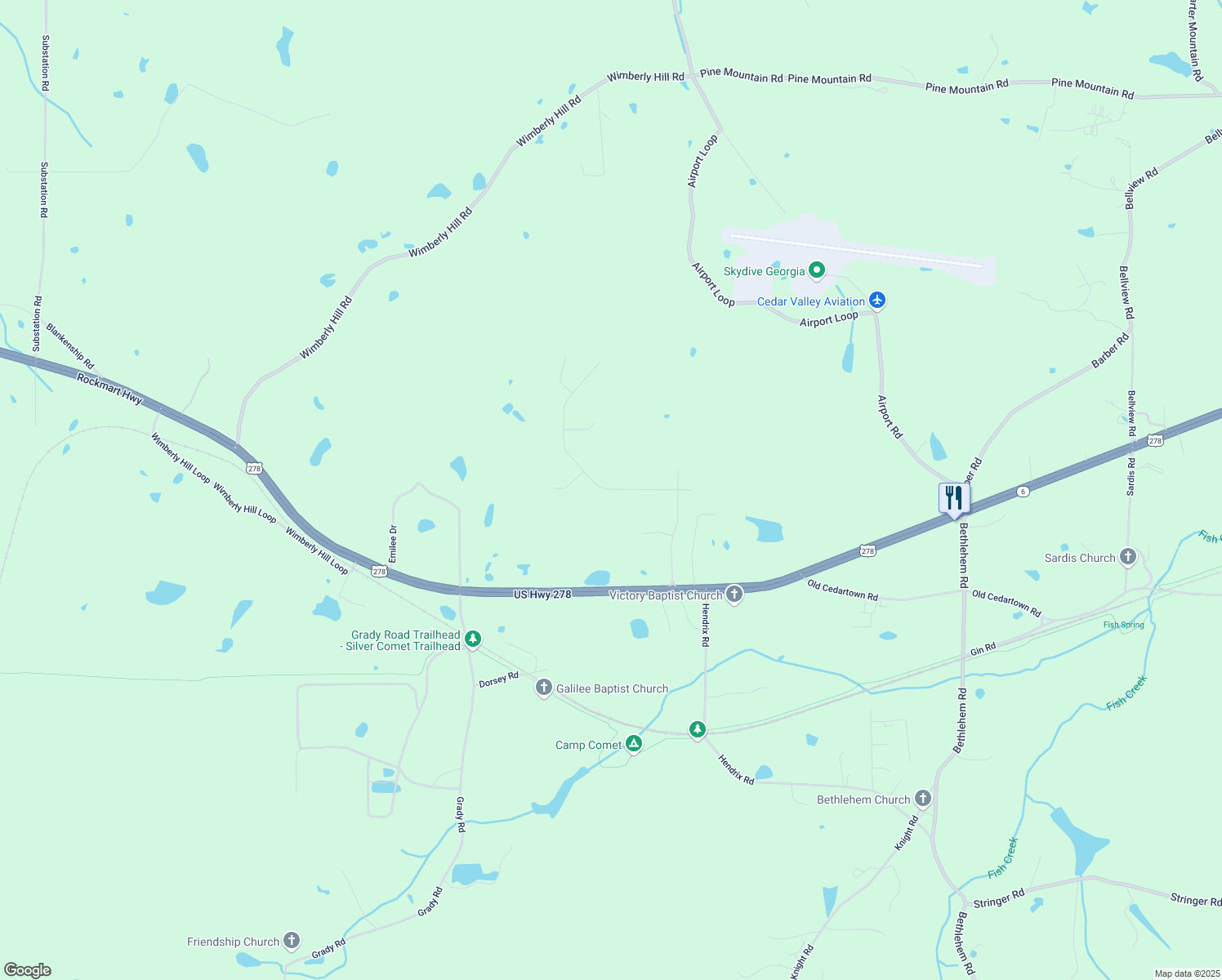 map of restaurants, bars, coffee shops, grocery stores, and more near 101 Sunset Loop in Cedartown