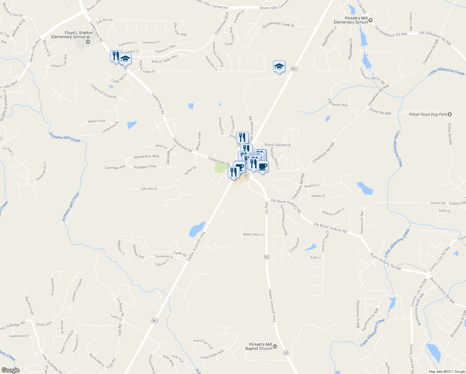 map of restaurants, bars, coffee shops, grocery stores, and more near 8598 Dallas Acworth Highway in Dallas
