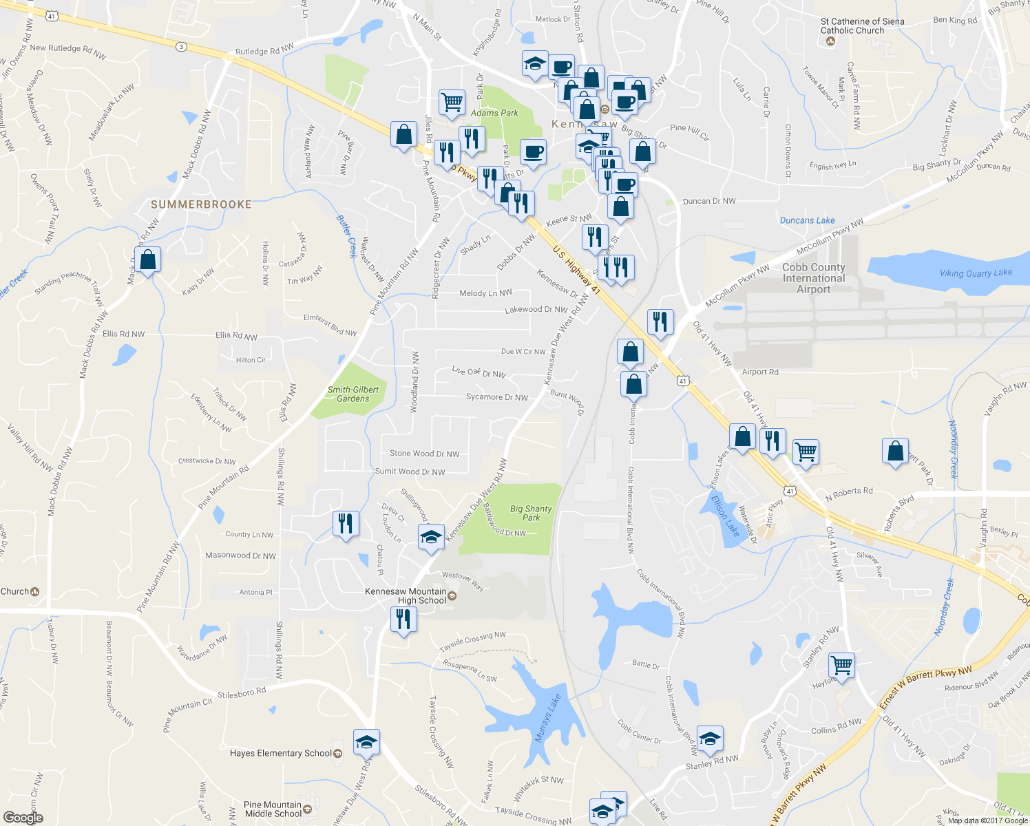 map of restaurants, bars, coffee shops, grocery stores, and more near 2314 Kennesaw Oaks Trail Northwest in Kennesaw