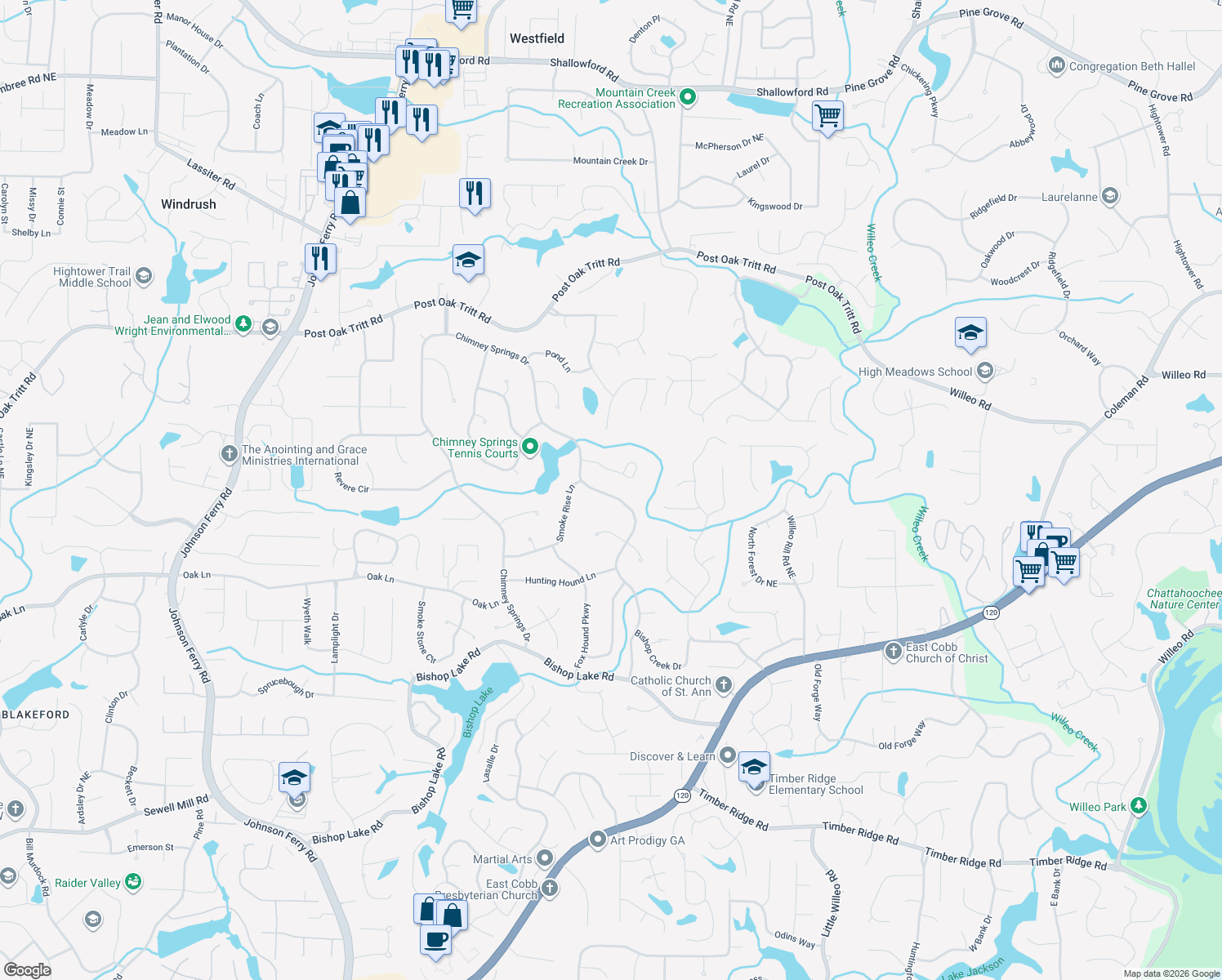 map of restaurants, bars, coffee shops, grocery stores, and more near 2723 Chimney Springs Drive in Marietta