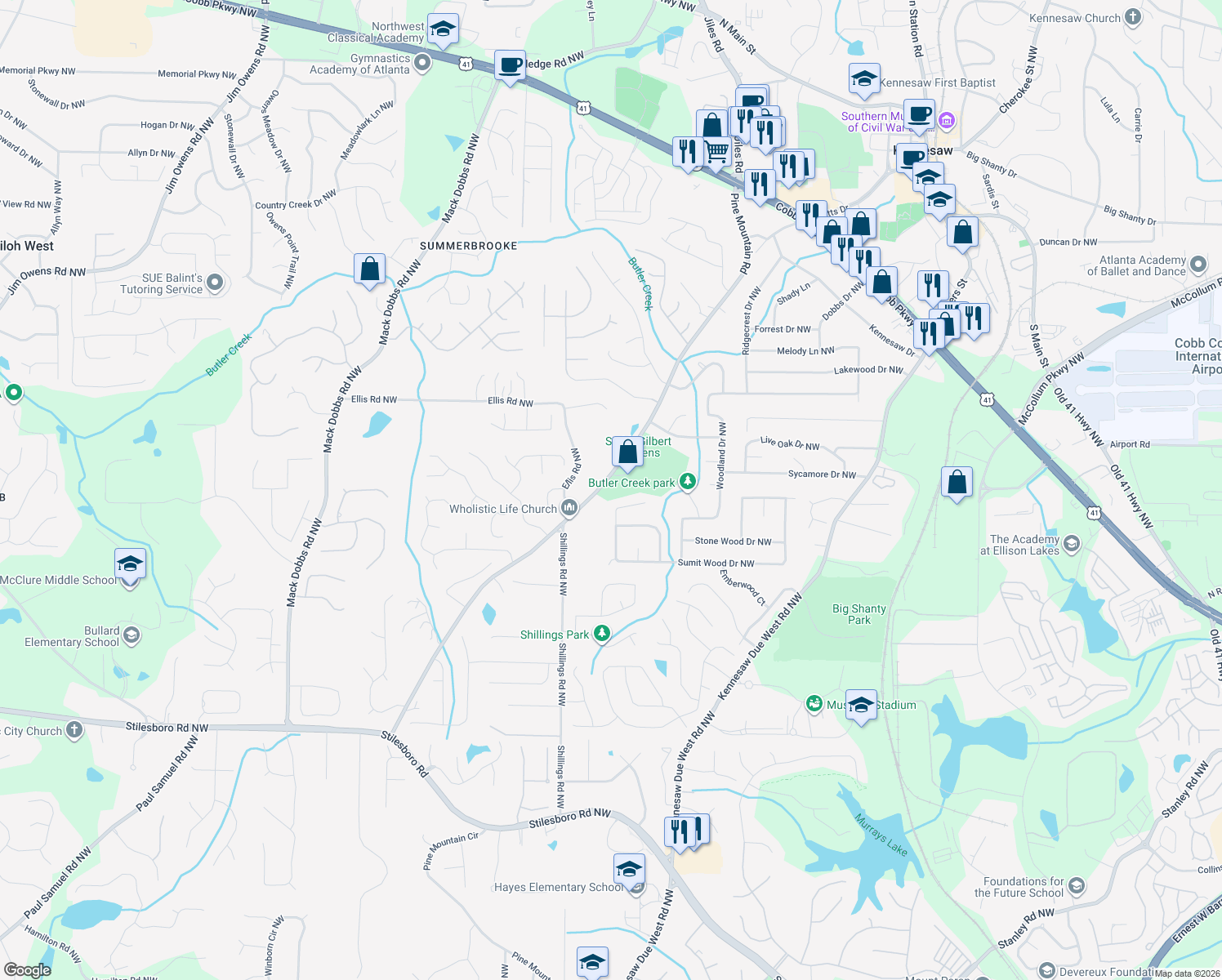 map of restaurants, bars, coffee shops, grocery stores, and more near 2549 Pine Mountain Road Northwest in Kennesaw