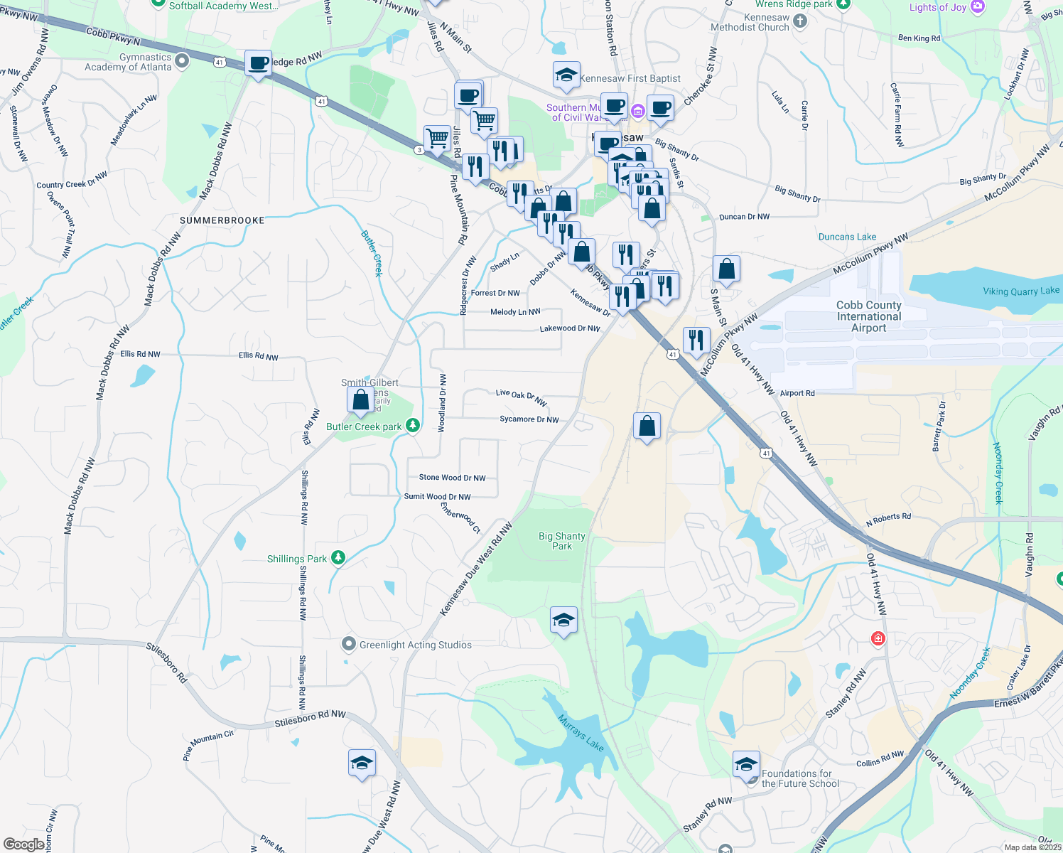 map of restaurants, bars, coffee shops, grocery stores, and more near 1506 Sycamore Drive Northwest in Kennesaw