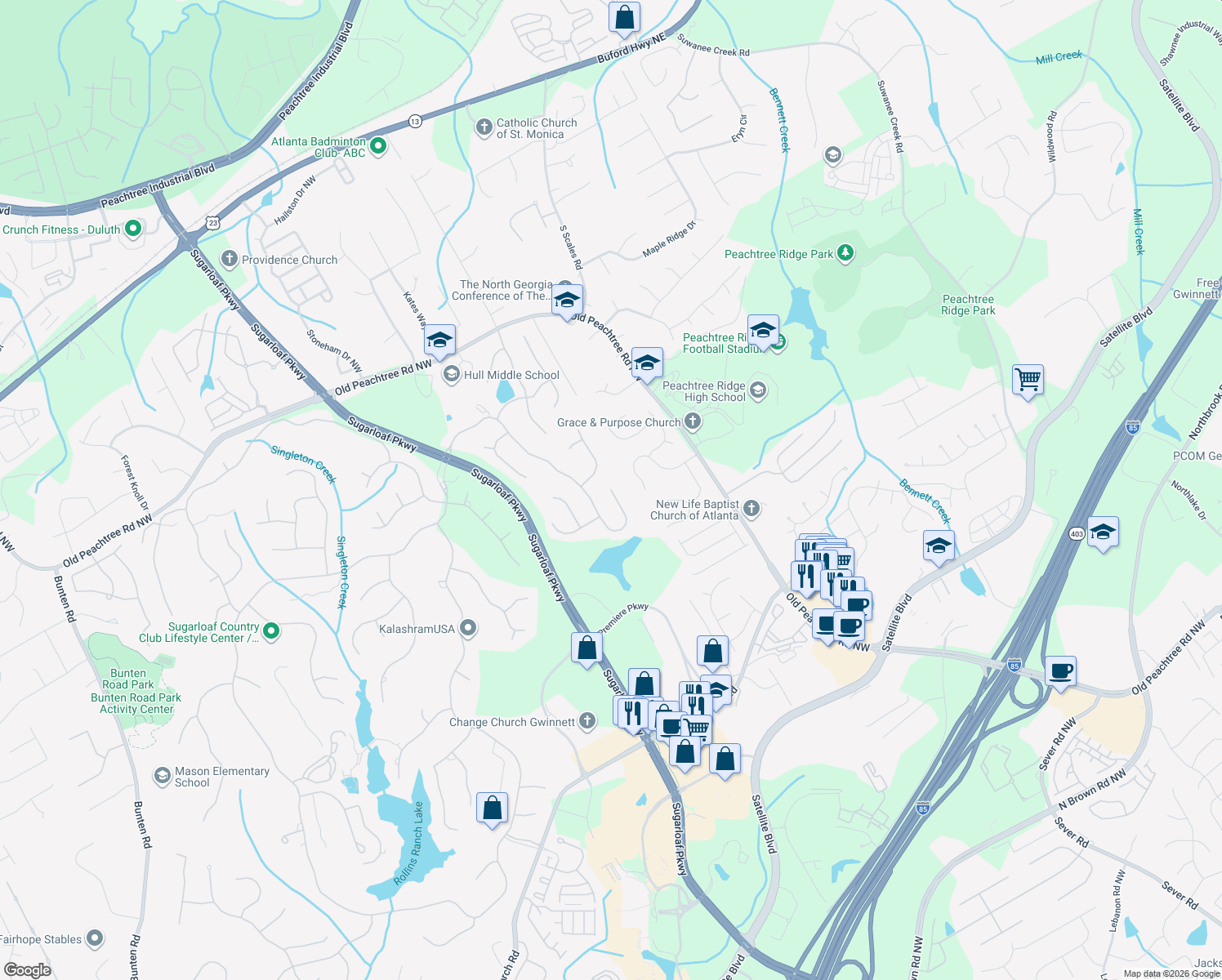 map of restaurants, bars, coffee shops, grocery stores, and more near 1610 Briergate Drive in Duluth