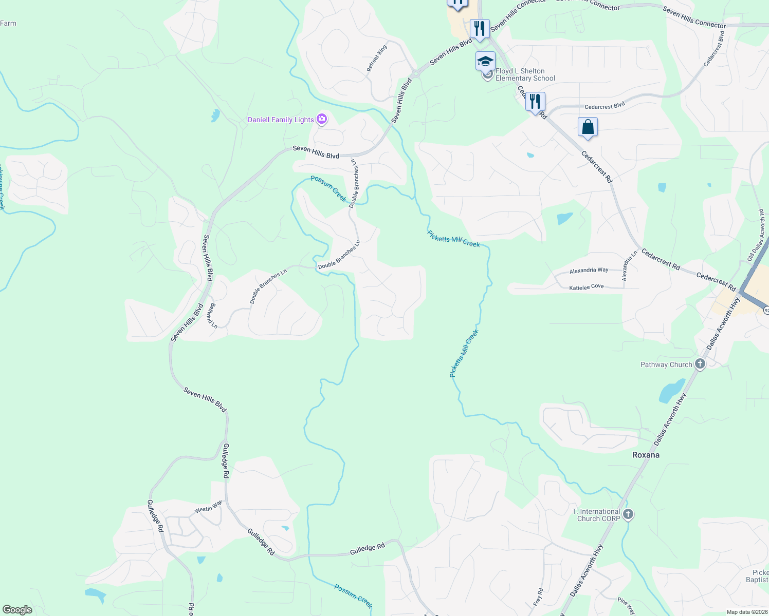 map of restaurants, bars, coffee shops, grocery stores, and more near 22 Wagon Oak Trail in Dallas