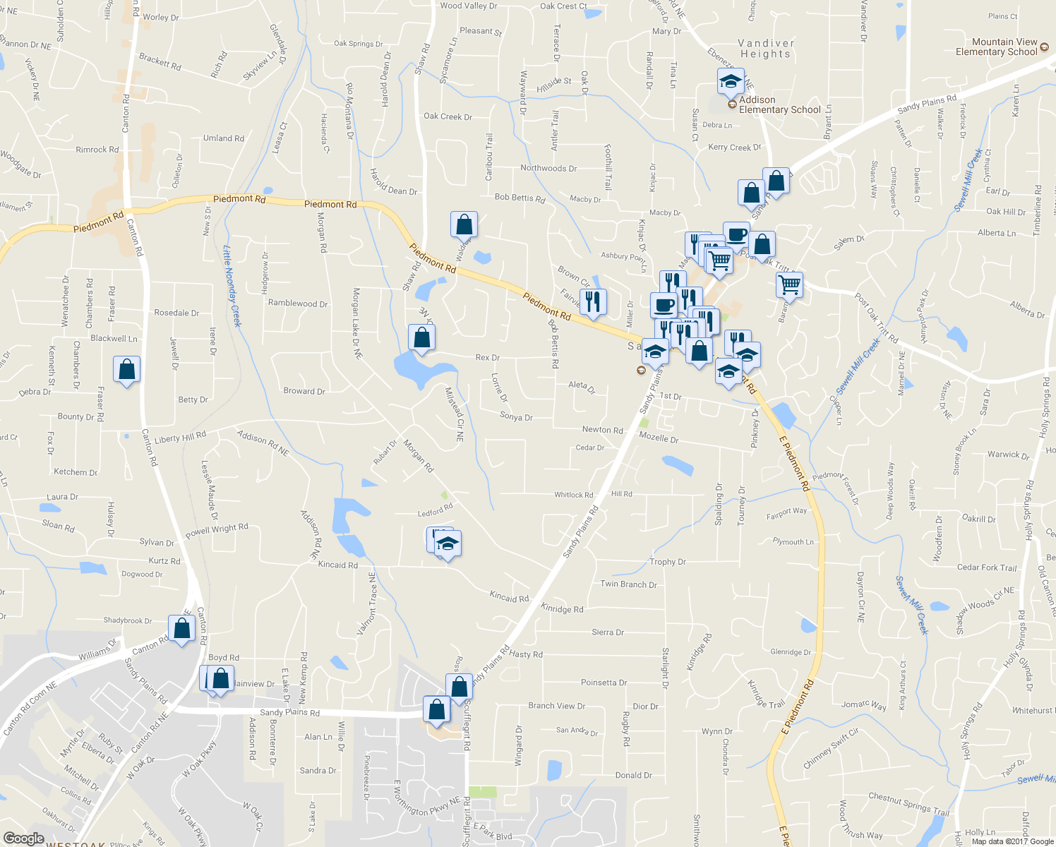 map of restaurants, bars, coffee shops, grocery stores, and more near 1644 Sonya Drive in Marietta