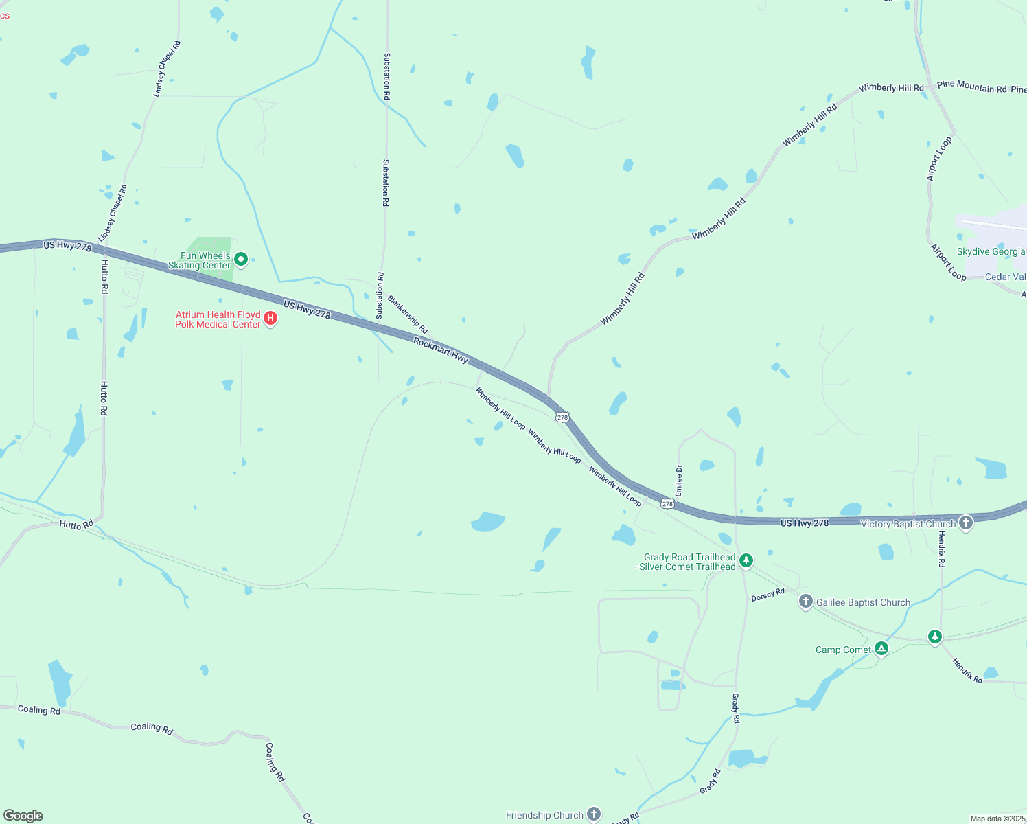 map of restaurants, bars, coffee shops, grocery stores, and more near 63 Wimberly Hill Loop in Cedartown