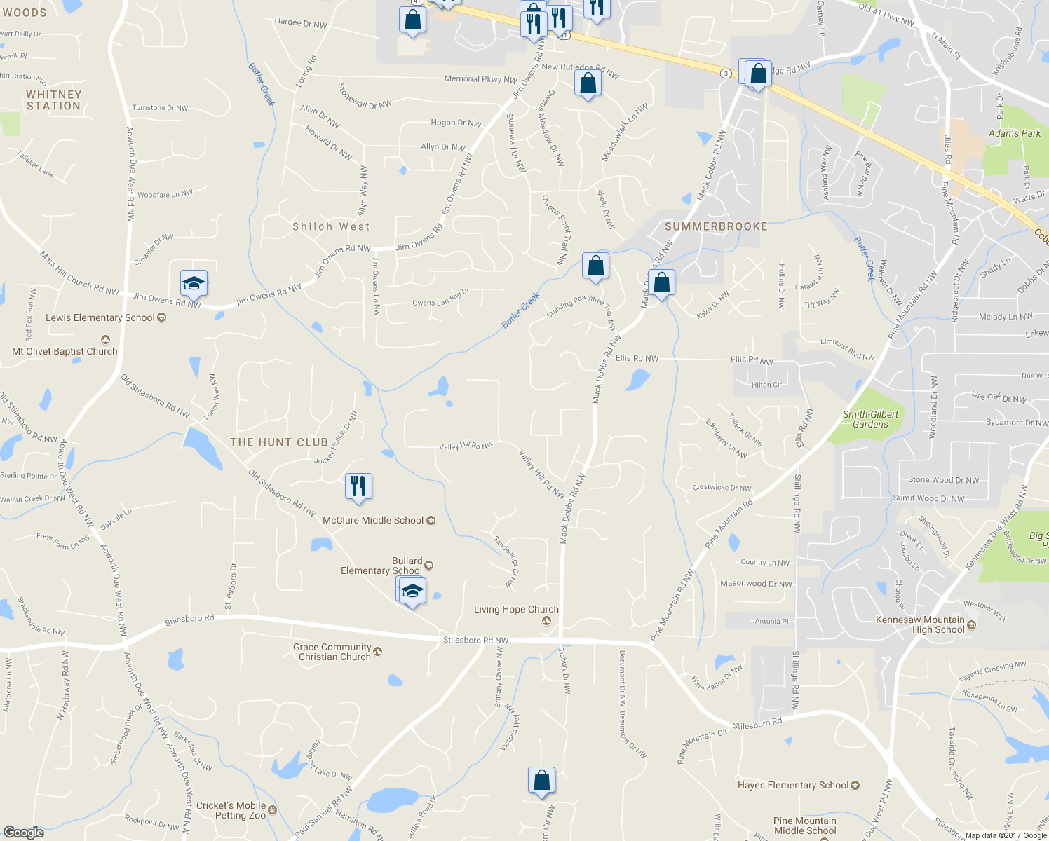 map of restaurants, bars, coffee shops, grocery stores, and more near 3243 Chippewa Run Northwest in Kennesaw