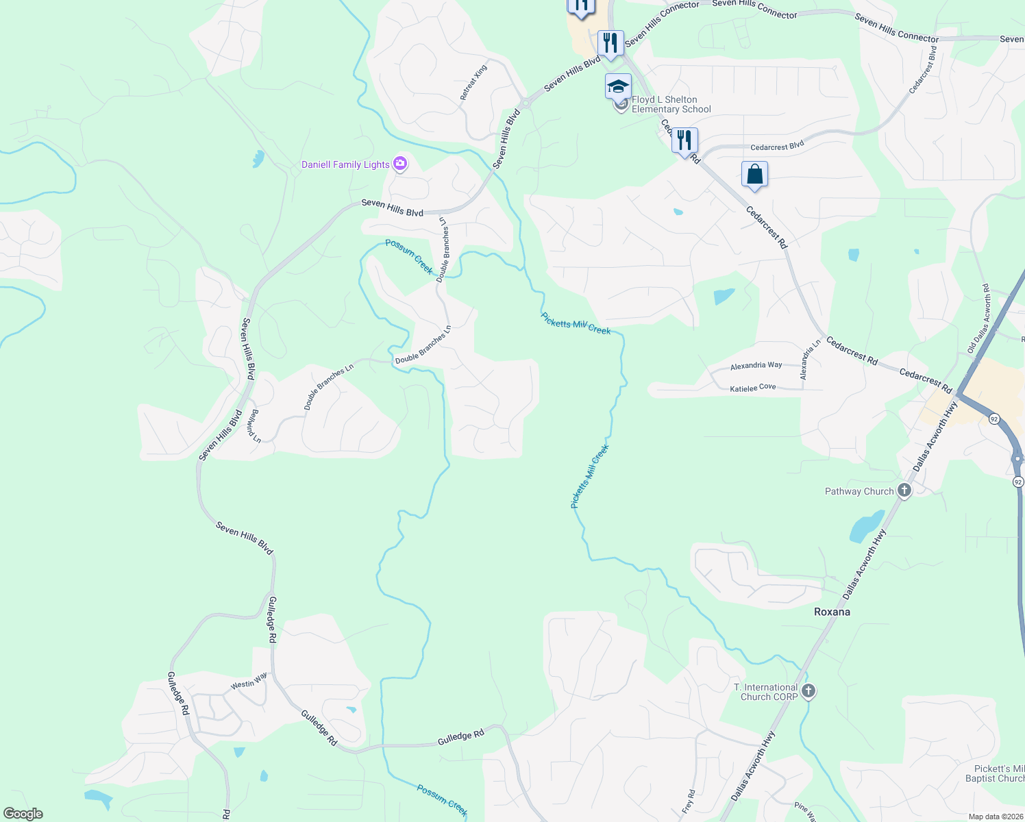 map of restaurants, bars, coffee shops, grocery stores, and more near 57 Sweet Birch Lane in Dallas