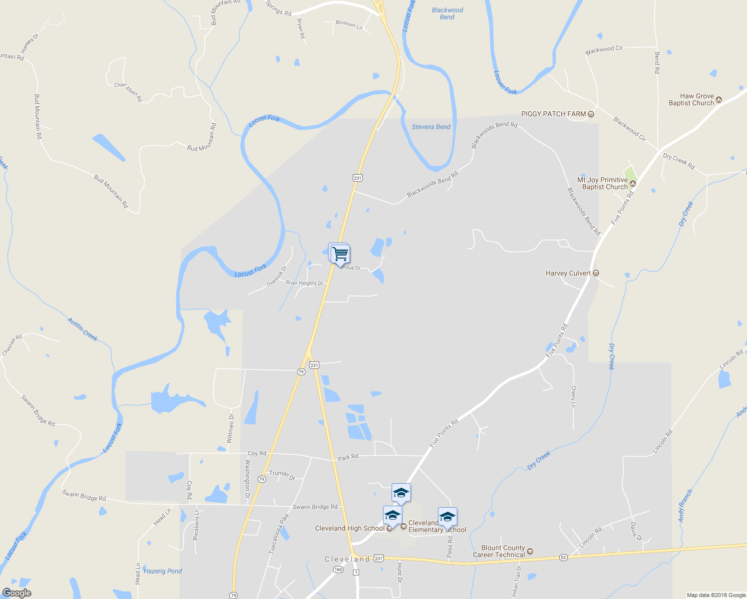 map of restaurants, bars, coffee shops, grocery stores, and more near 242 Chigger Ridge Road in Cleveland