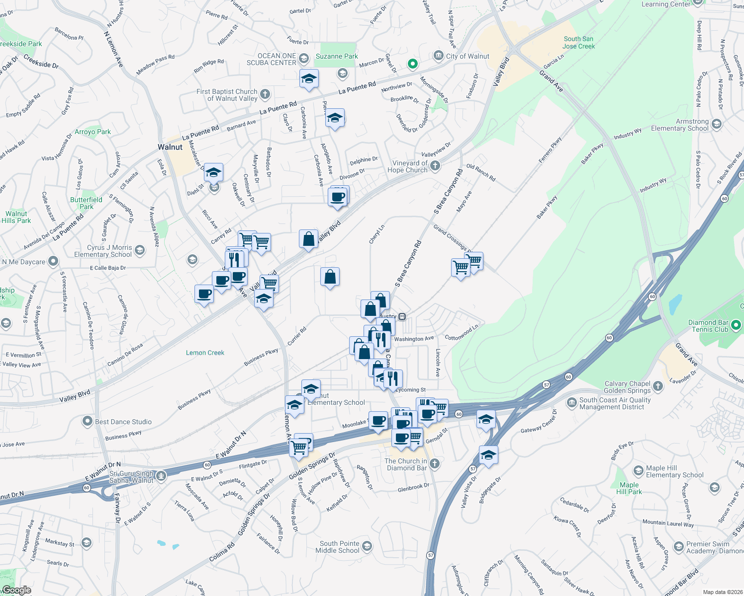 map of restaurants, bars, coffee shops, grocery stores, and more near 20947 Currier Road in Walnut