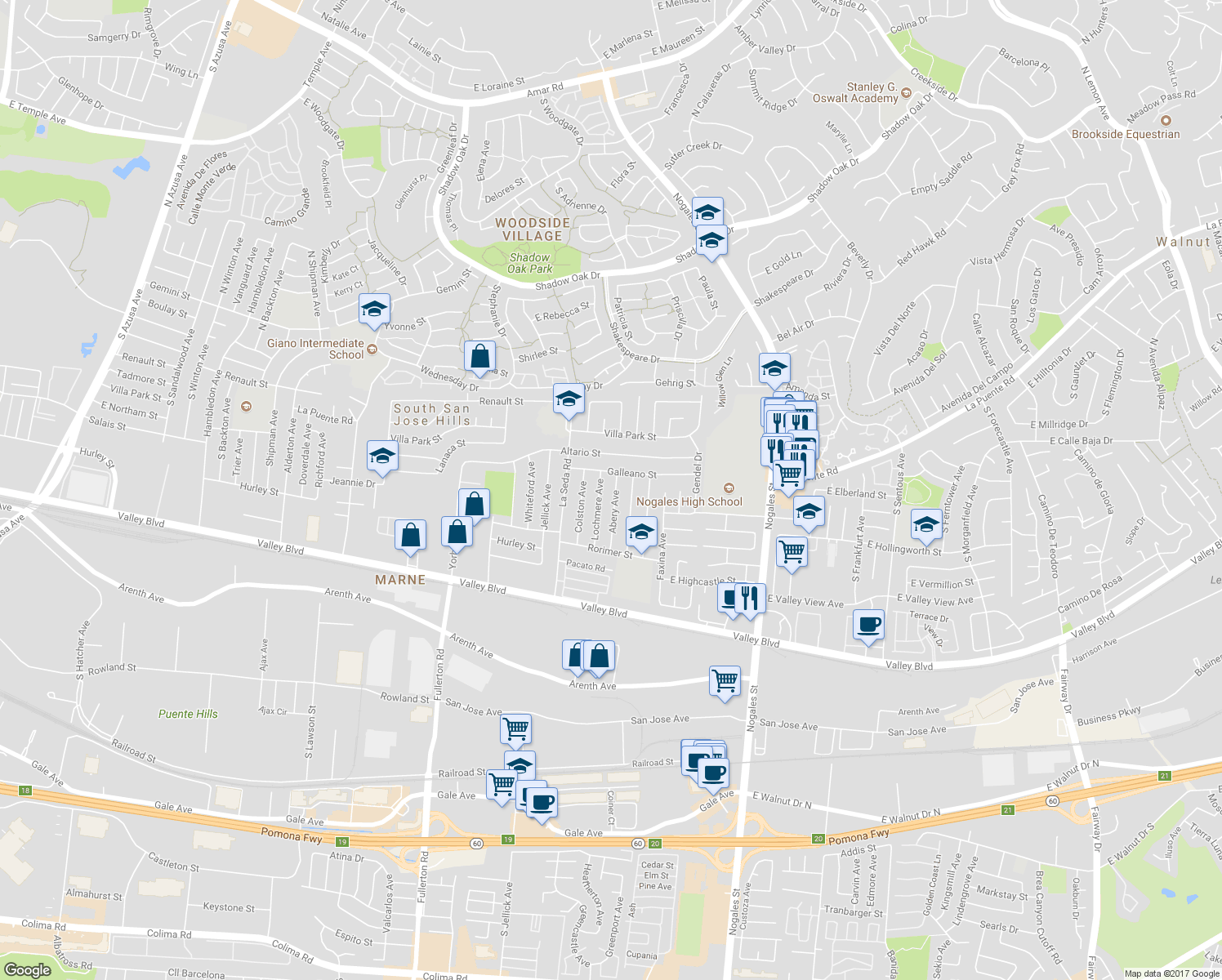 map of restaurants, bars, coffee shops, grocery stores, and more near 503 Abery Avenue in La Puente
