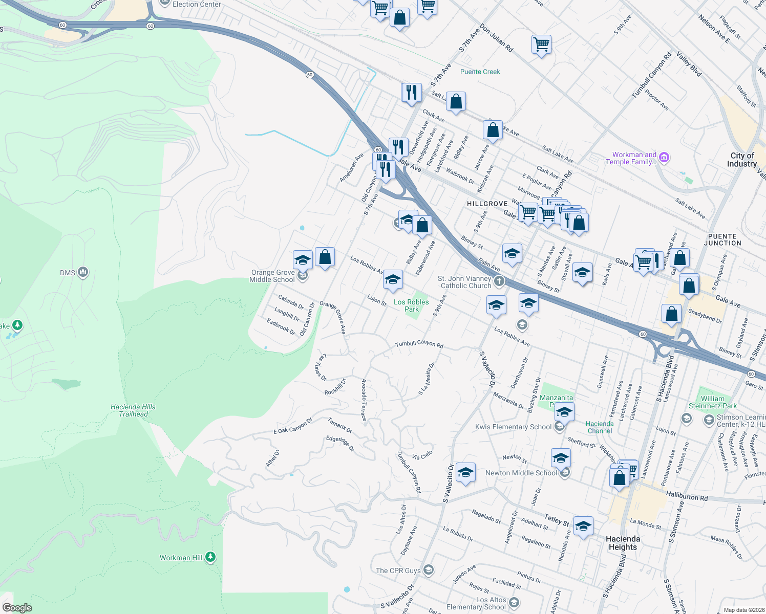 map of restaurants, bars, coffee shops, grocery stores, and more near 1601 Ridley Avenue in Hacienda Heights