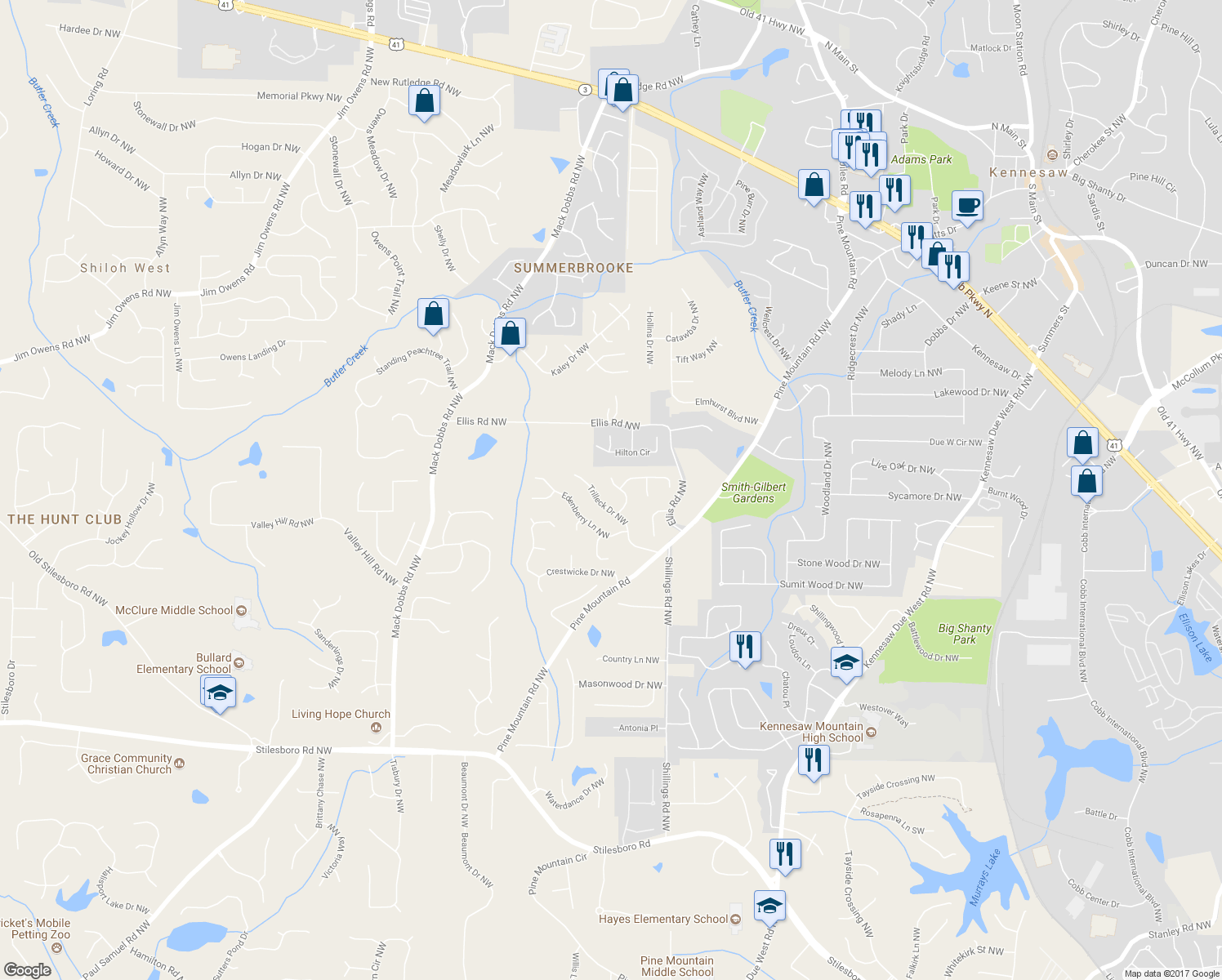 map of restaurants, bars, coffee shops, grocery stores, and more near 2242 Kilmory Drive Northwest in Kennesaw