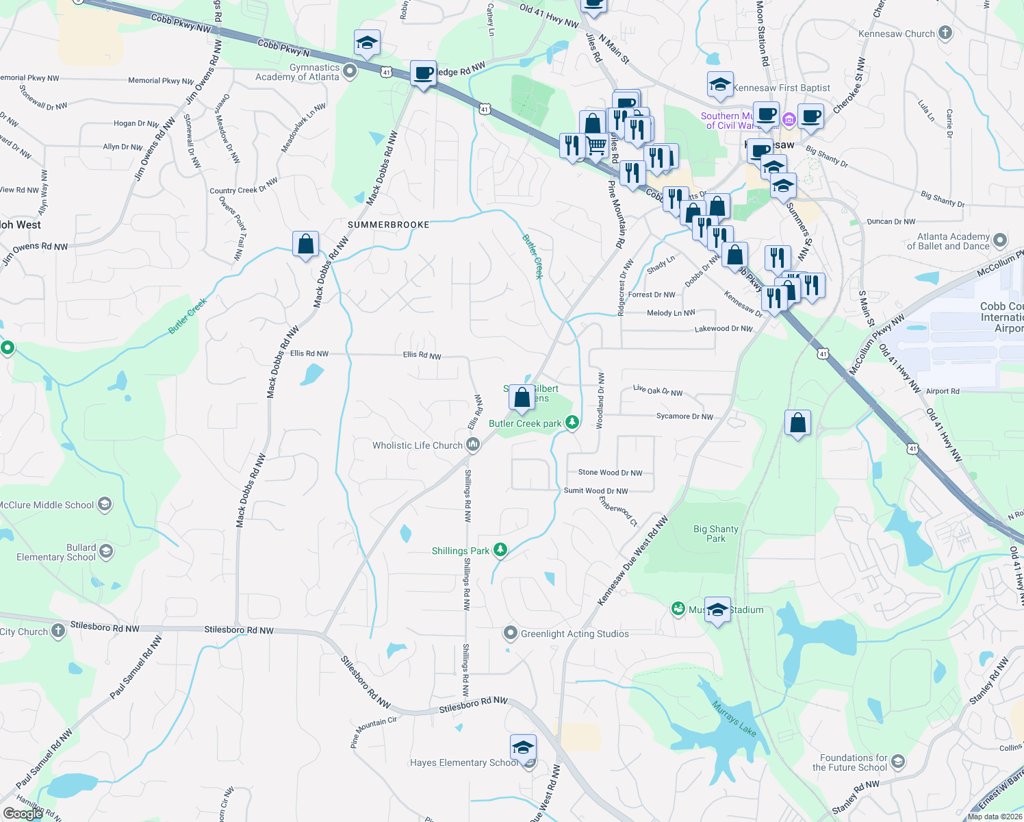 map of restaurants, bars, coffee shops, grocery stores, and more near 2380 Pine Mountain Road in Kennesaw