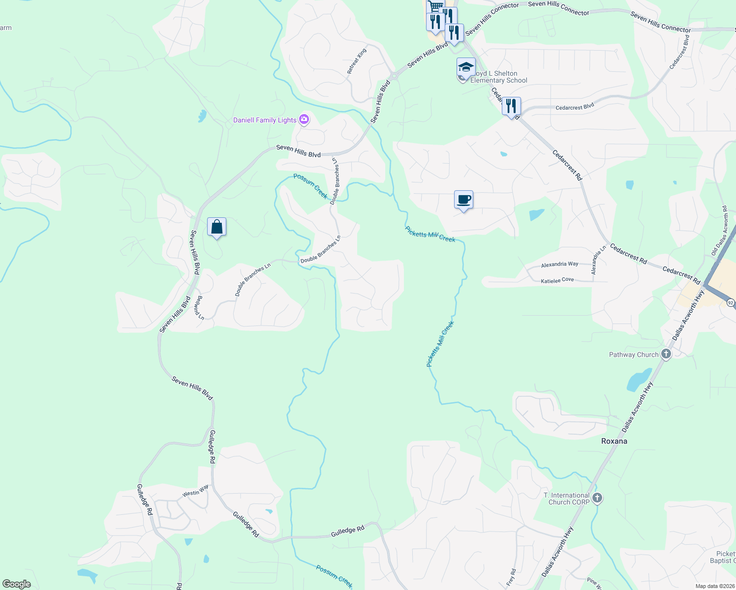 map of restaurants, bars, coffee shops, grocery stores, and more near 22 Wagon Oak Trail in Dallas