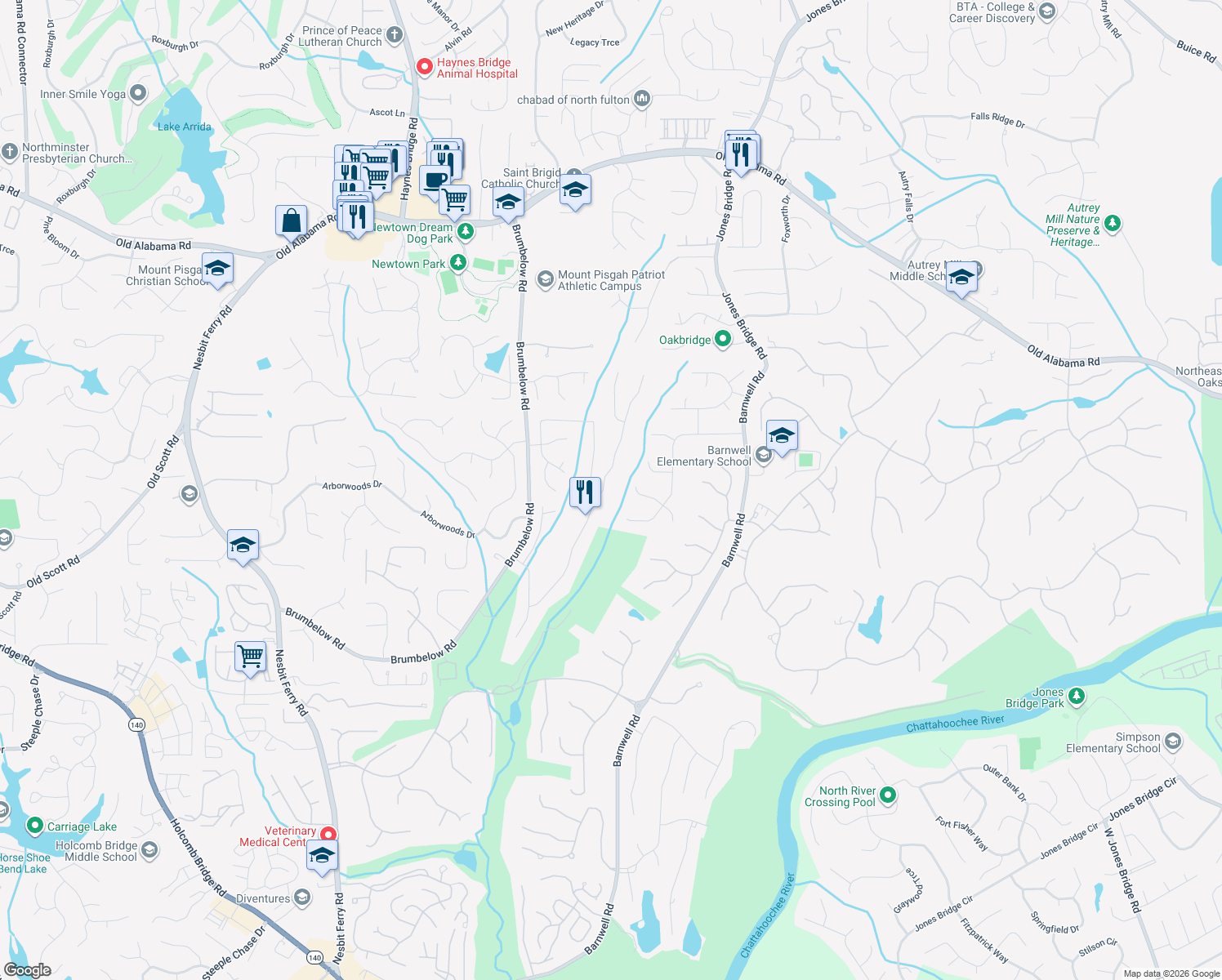 map of restaurants, bars, coffee shops, grocery stores, and more near 9445 Stoney Ridge Lane in Alpharetta