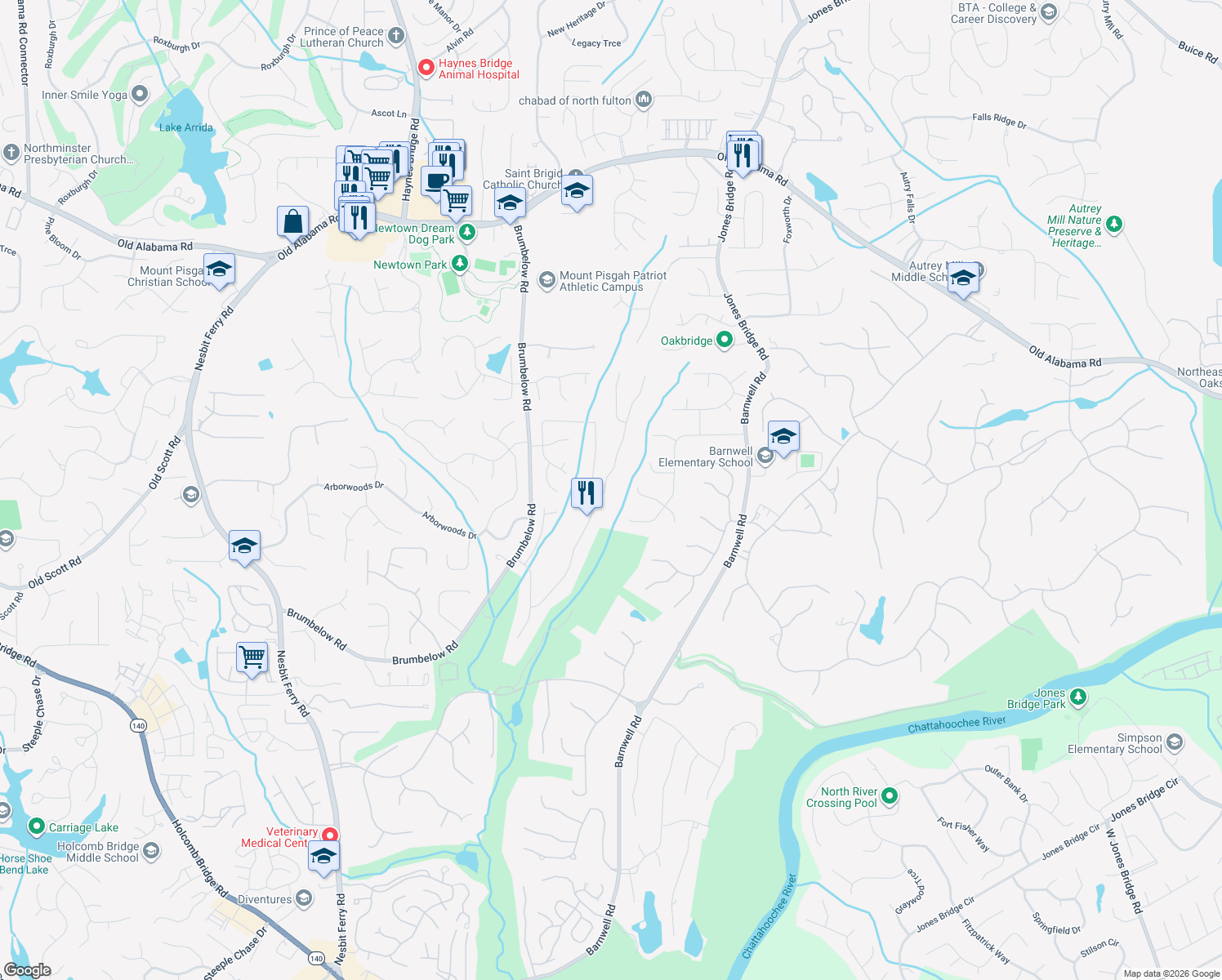 map of restaurants, bars, coffee shops, grocery stores, and more near 9445 Stoney Ridge Lane in Alpharetta