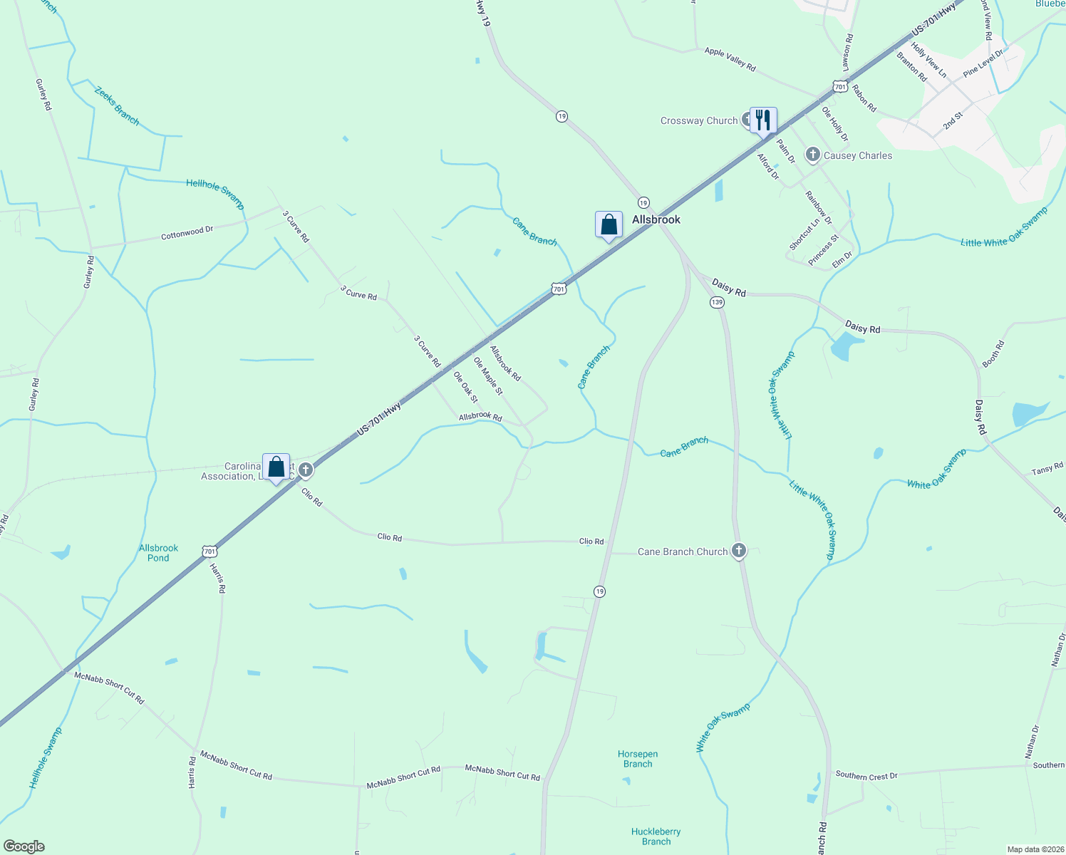 map of restaurants, bars, coffee shops, grocery stores, and more near 200 Allsbrook Road in Loris