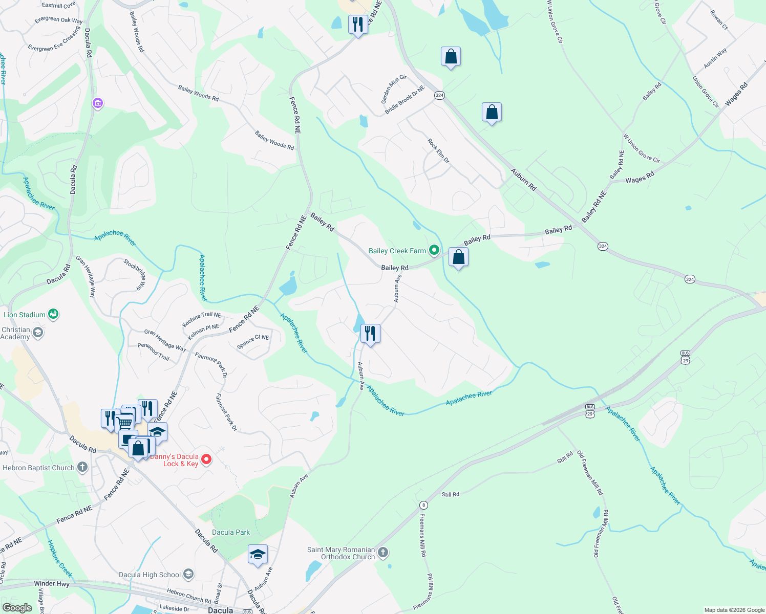 map of restaurants, bars, coffee shops, grocery stores, and more near 1209 Austin Thomas Dr in Dacula