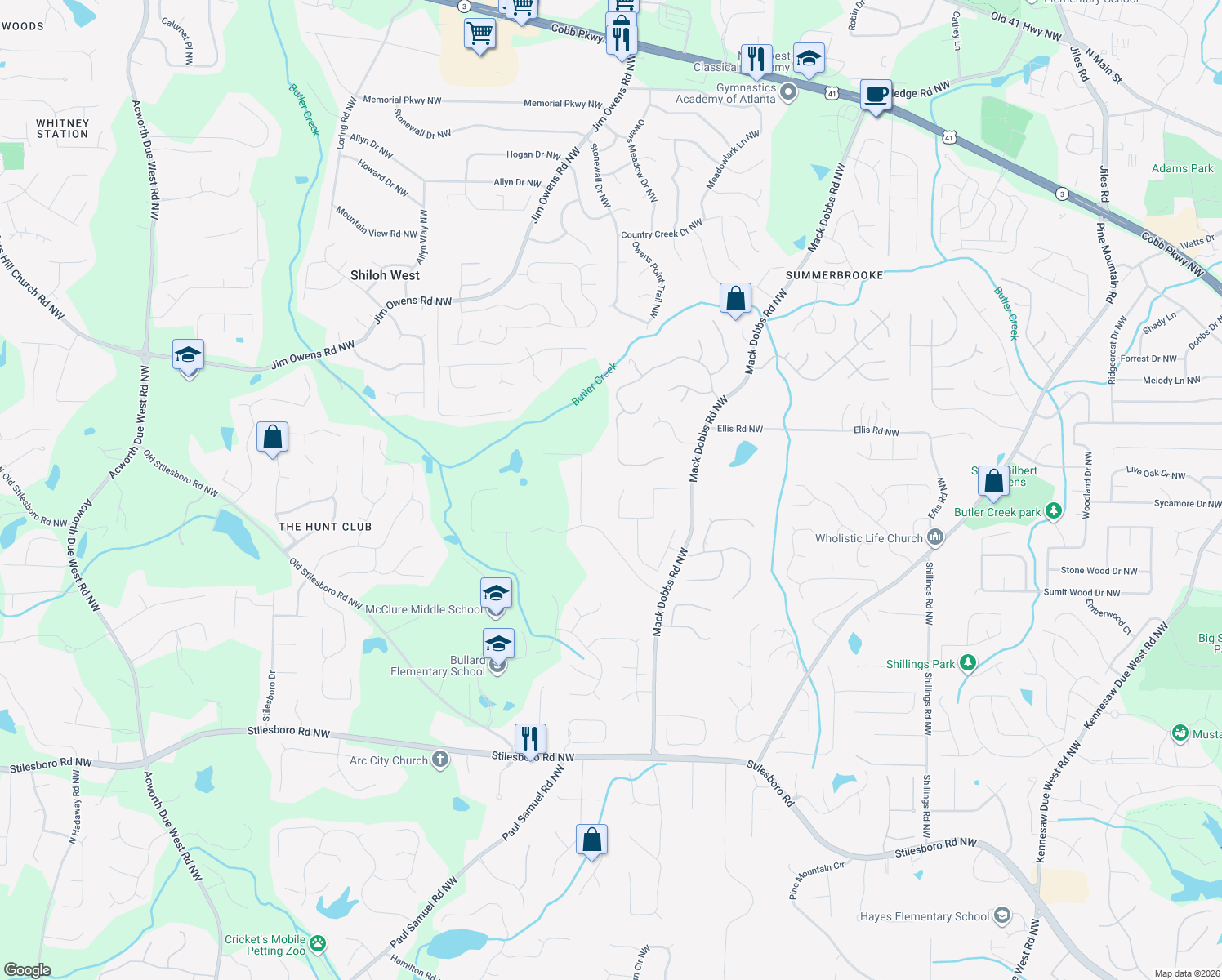 map of restaurants, bars, coffee shops, grocery stores, and more near 3243 Chippewa Run Northwest in Kennesaw
