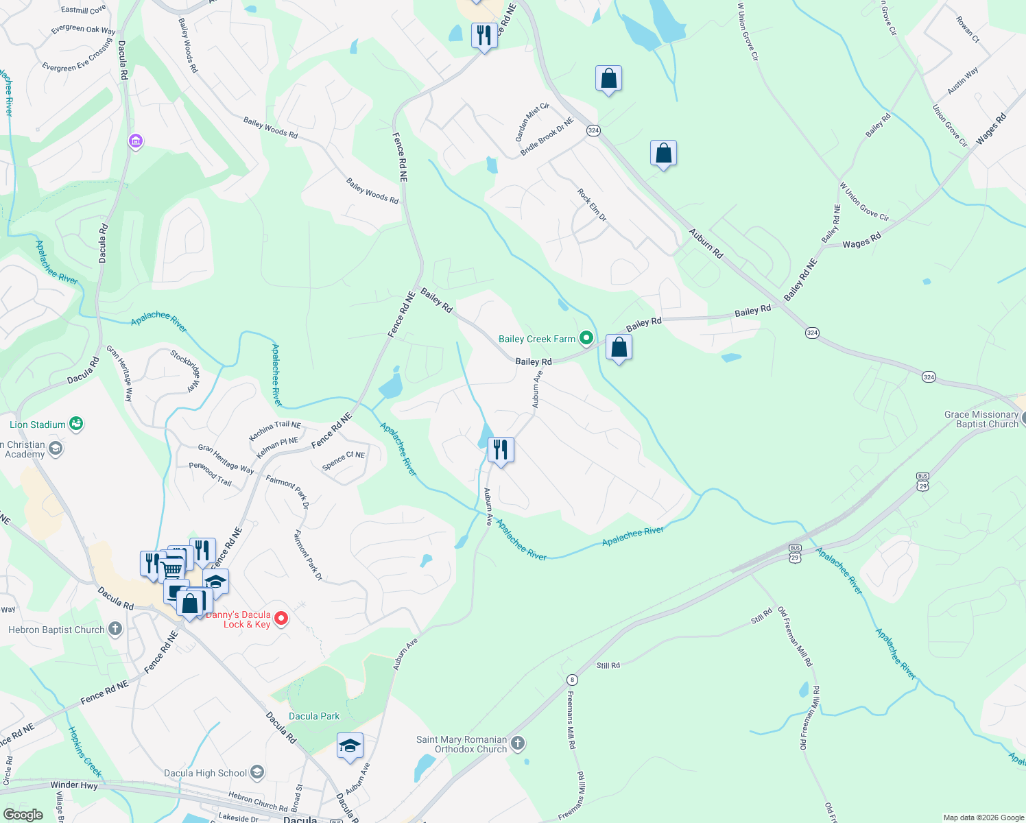 map of restaurants, bars, coffee shops, grocery stores, and more near 1228 Austin Thomas Drive in Dacula