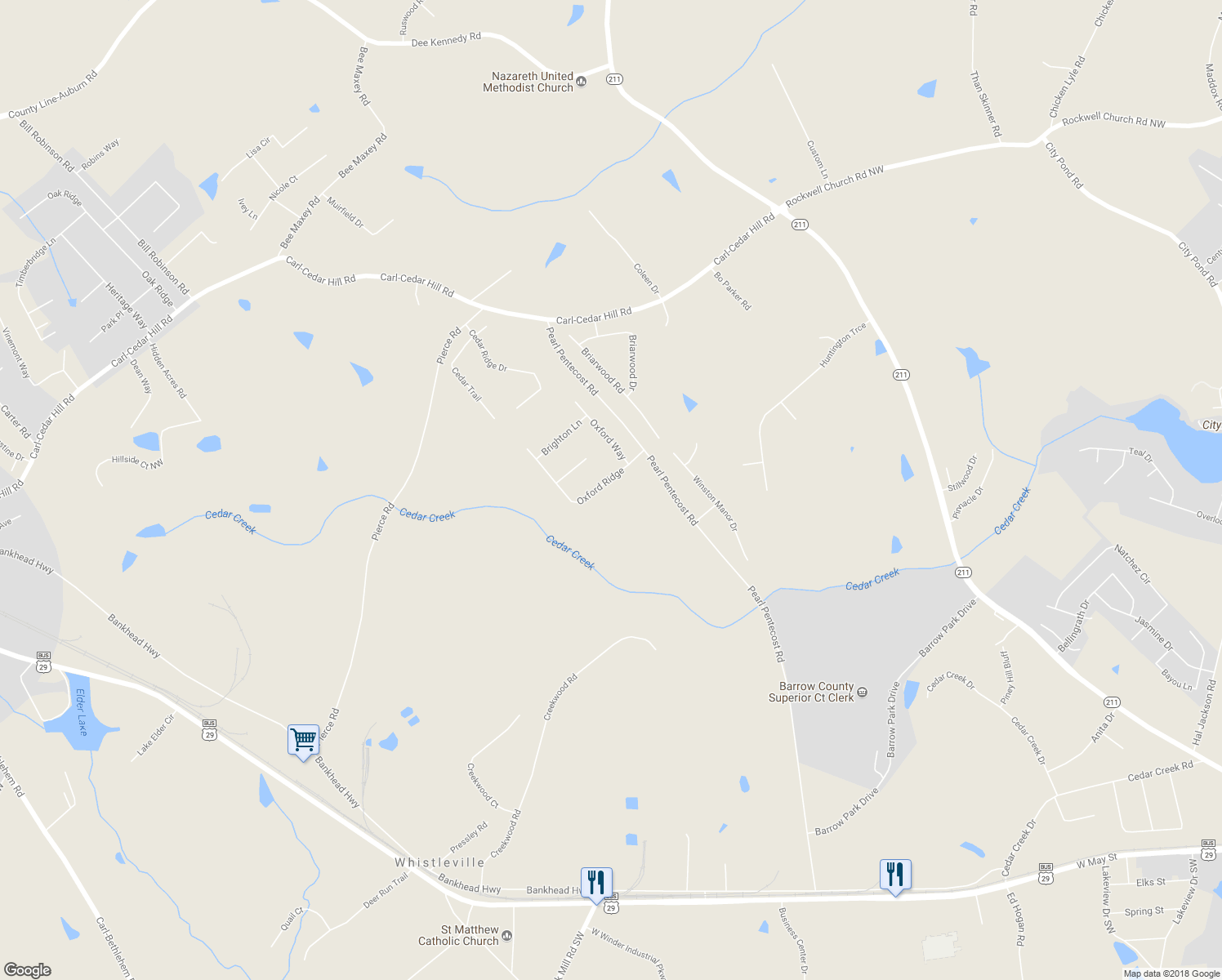map of restaurants, bars, coffee shops, grocery stores, and more near 514 Oxford Ridge in Winder