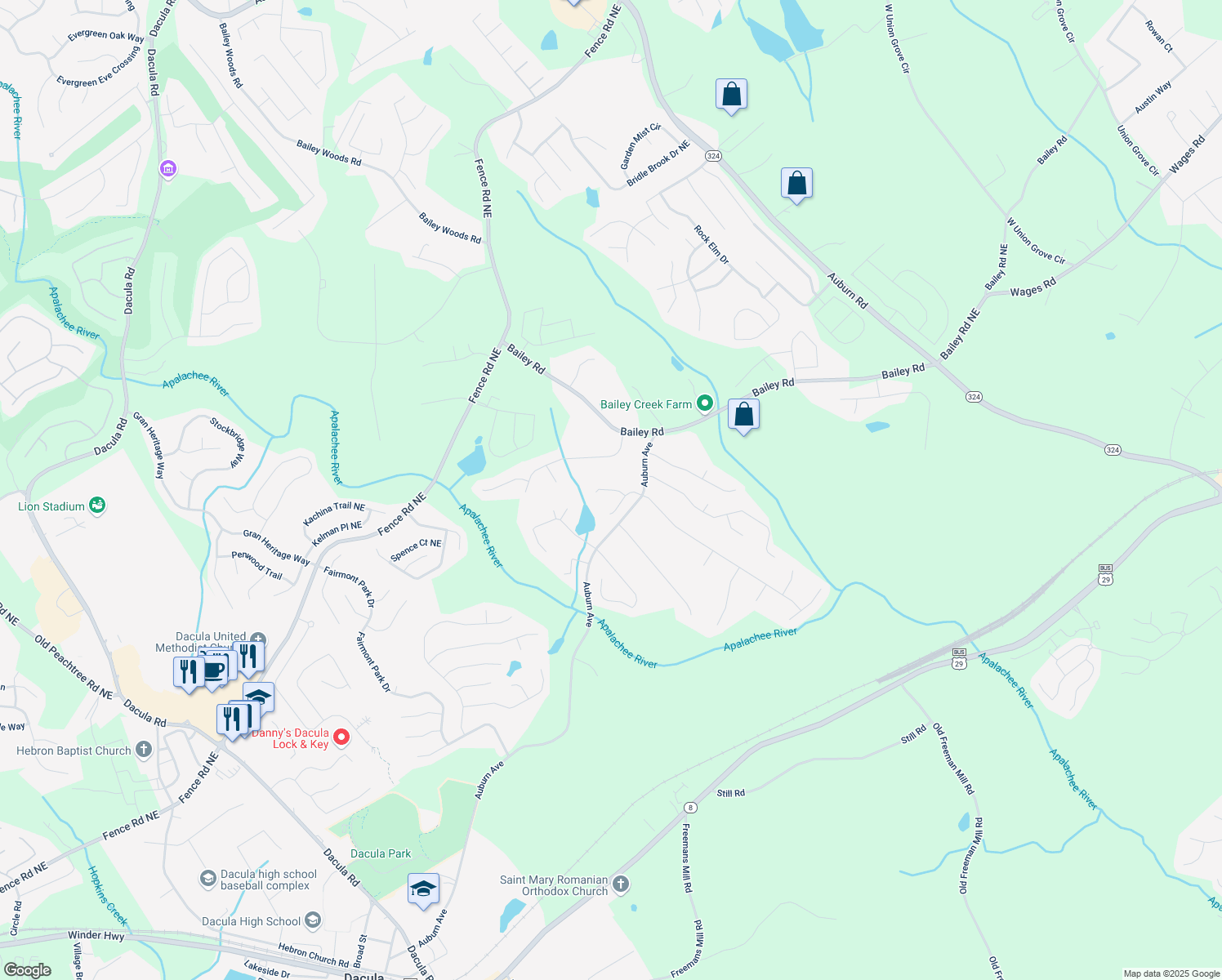 map of restaurants, bars, coffee shops, grocery stores, and more near 1249 Austin Thomas Dr in Dacula
