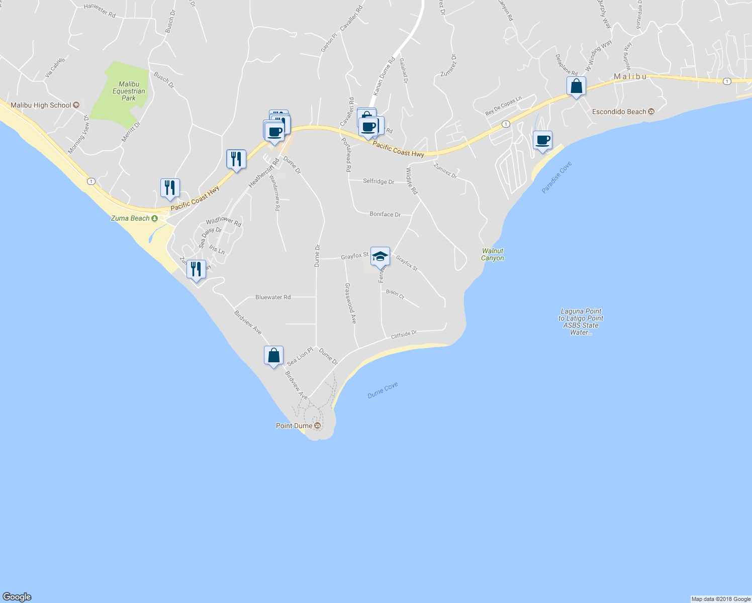 map of restaurants, bars, coffee shops, grocery stores, and more near 7059 Fernhill Drive in Malibu