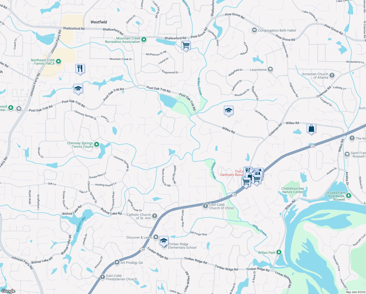 map of restaurants, bars, coffee shops, grocery stores, and more near 2446 North Forest Drive Northeast in Marietta